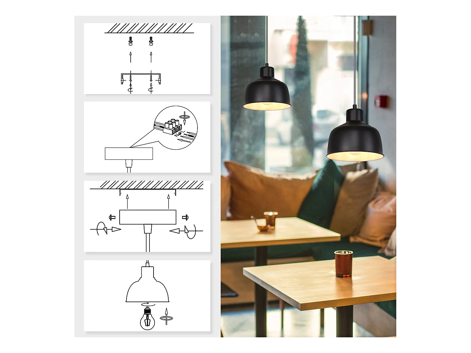 NETTLIFE Suspension Métal Noir E27 Diam.170cm Table à Vintage Lampe Industrielle 1 Ampoule pour Salon Salle à Manger Chambre Restaurant Bureau