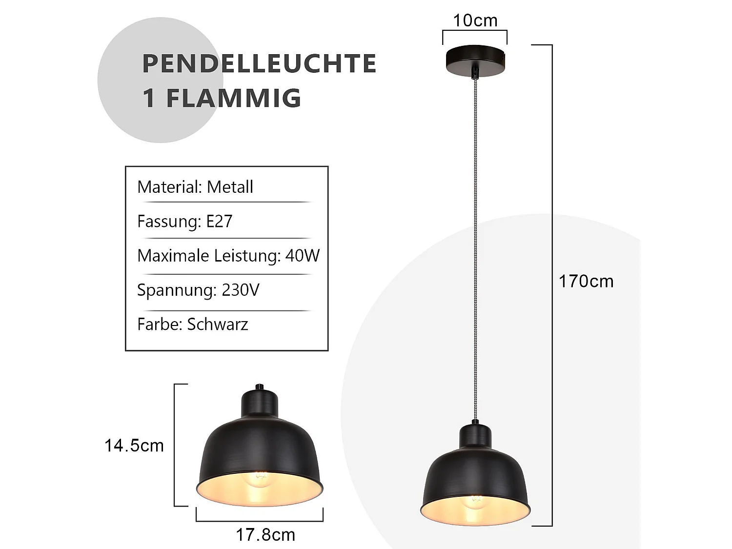 NETTLIFE Suspension Métal Noir E27 Diam.170cm Table à Vintage Lampe Industrielle 1 Ampoule pour Salon Salle à Manger Chambre Restaurant Bureau