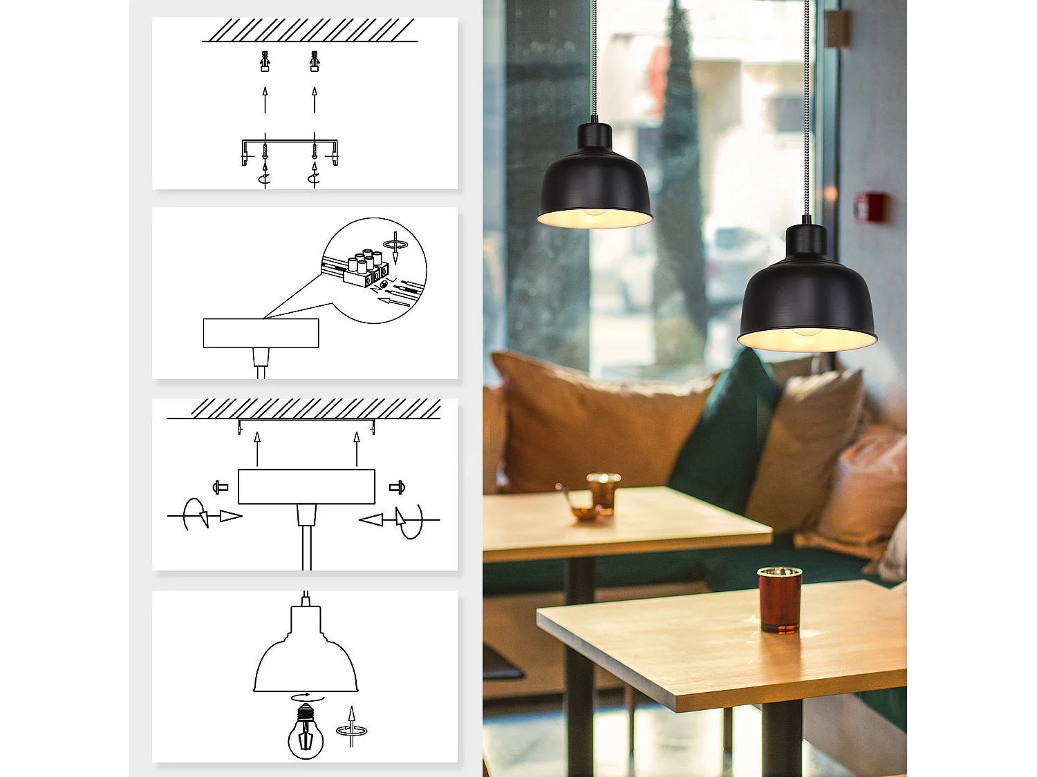 NETTLIFE Suspension Métal Noir E27 Diam.170cm Table à Vintage Lampe Industrielle 1 Ampoule pour Salon Salle à Manger Chambre Restaurant Bureau