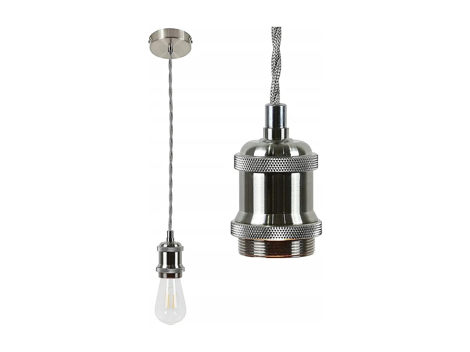 NETTLIFE Srebrna aluminiowa lampa wisząca o średnicy 10 cm E27 Stara lampa z kablem przemysłowym Edison 1,3 M z baldachimem do salonu Jadalnia Bar Pub Piwnica