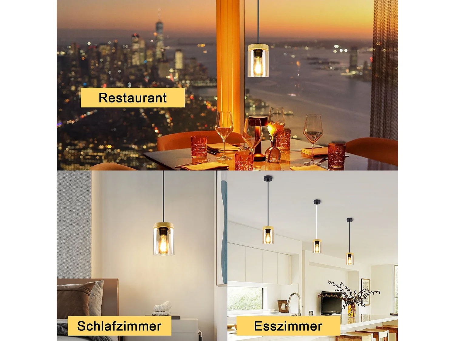 NETTLIFE Pendelleuchte E27 Vintage Schwarz Diam.12cm Holz Metall mit Glas Lampenschirm für Esszimmer Küche Wohnzimmer Schlafzimmer