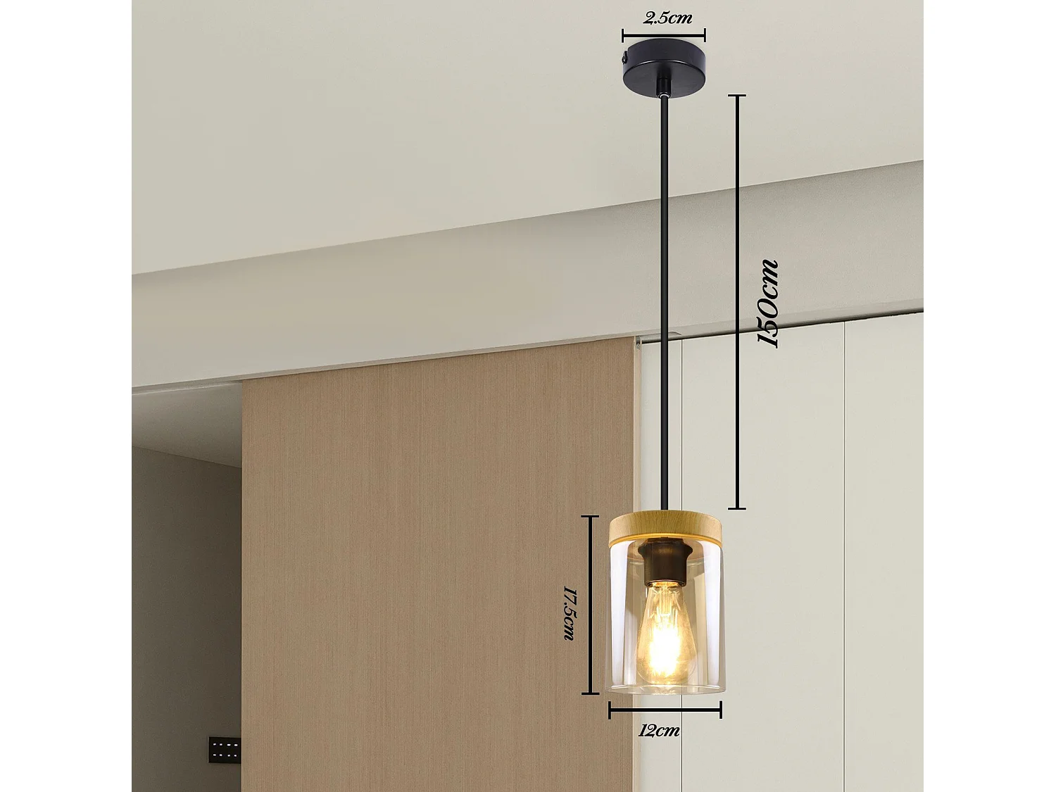 NETTLIFE Pendelleuchte E27 Vintage Schwarz Diam.12cm Holz Metall mit Glas Lampenschirm für Esszimmer Küche Wohnzimmer Schlafzimmer