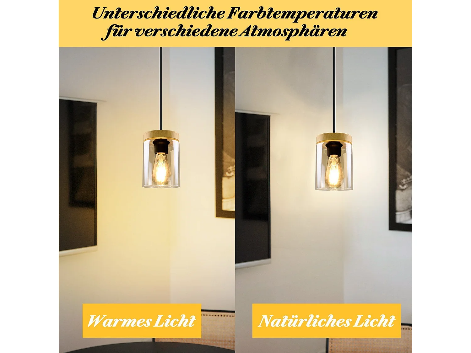 NETTLIFE Pendelleuchte E27 Vintage Schwarz Diam.12cm Holz Metall mit Glas Lampenschirm für Esszimmer Küche Wohnzimmer Schlafzimmer