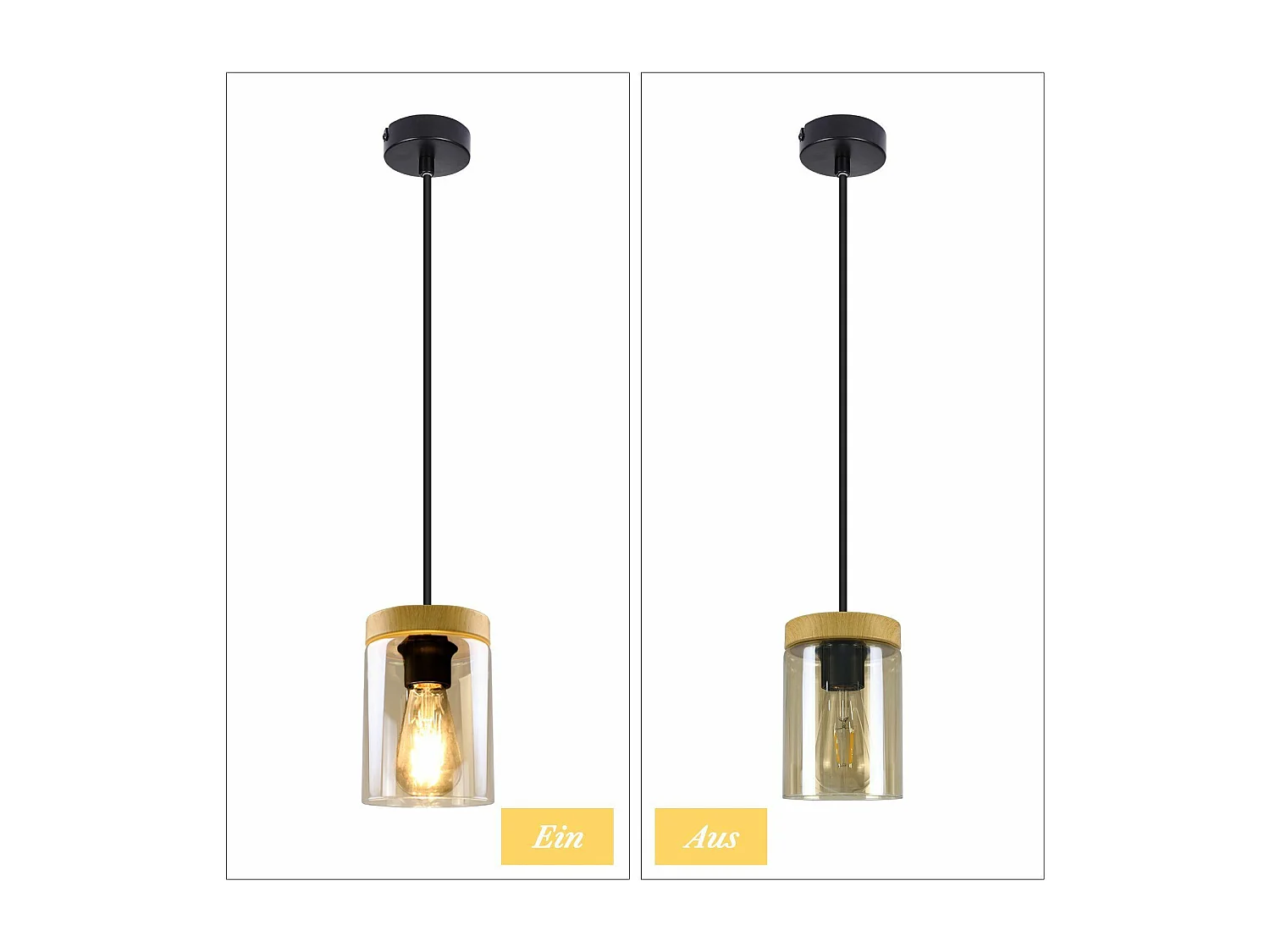 NETTLIFE Pendelleuchte E27 Vintage Schwarz Diam.12cm Holz Metall mit Glas Lampenschirm für Esszimmer Küche Wohnzimmer Schlafzimmer