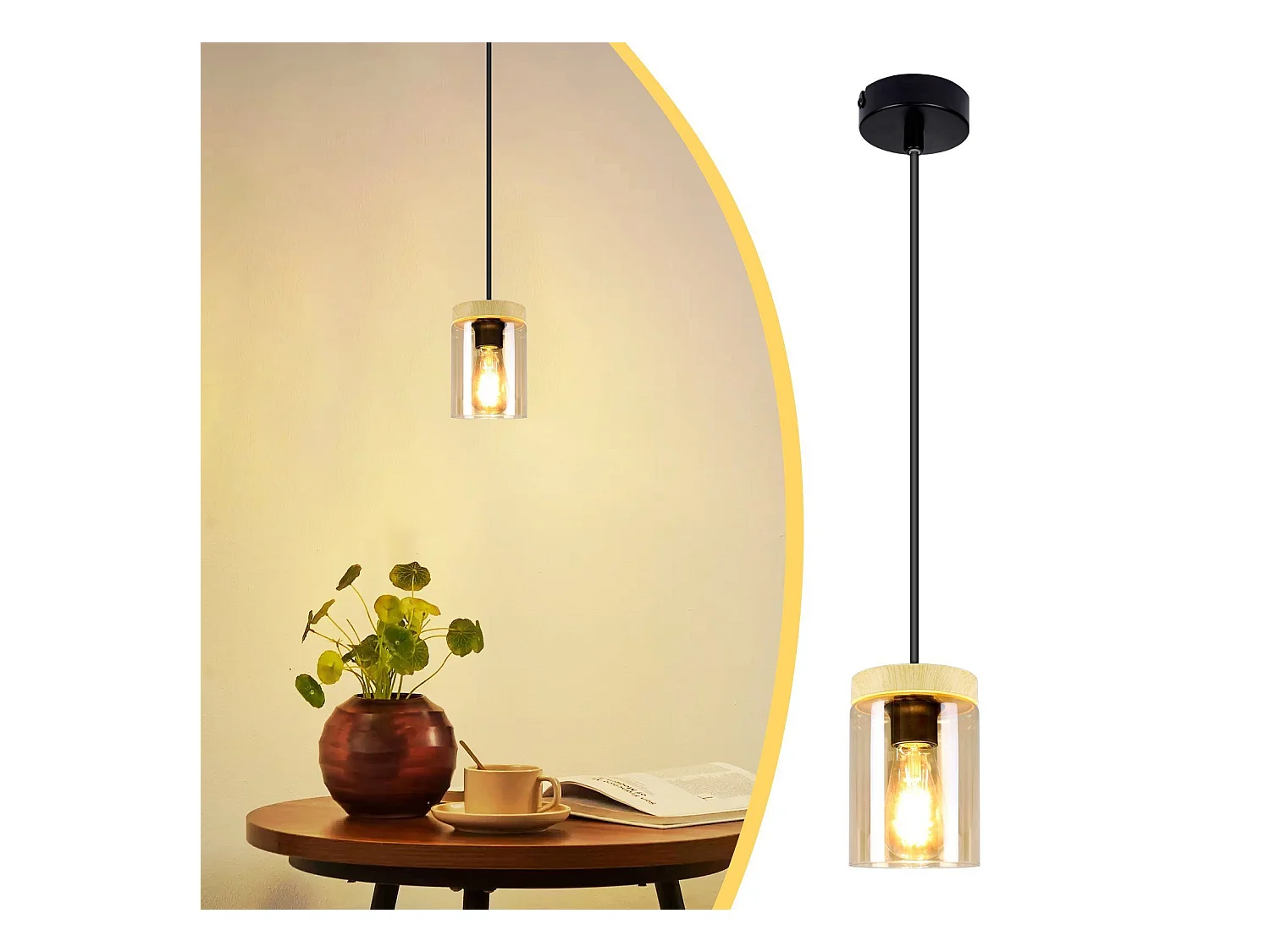NETTLIFE Suspension E27 Vintage noir Diam.12 cm bois métal avec verre abat-jour pour salle à manger cuisine salon chambre