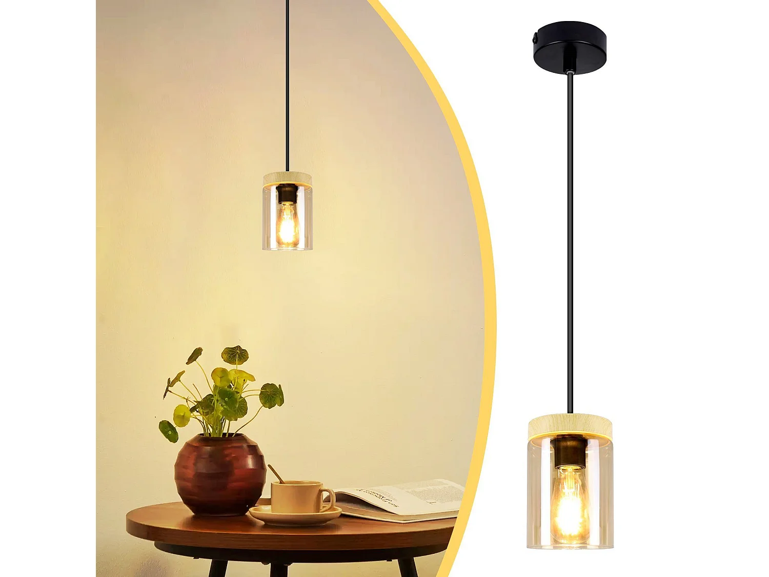 NETTLIFE Suspension E27 Vintage noir Diam.12 cm bois métal avec verre abat-jour pour salle à manger cuisine salon chambre