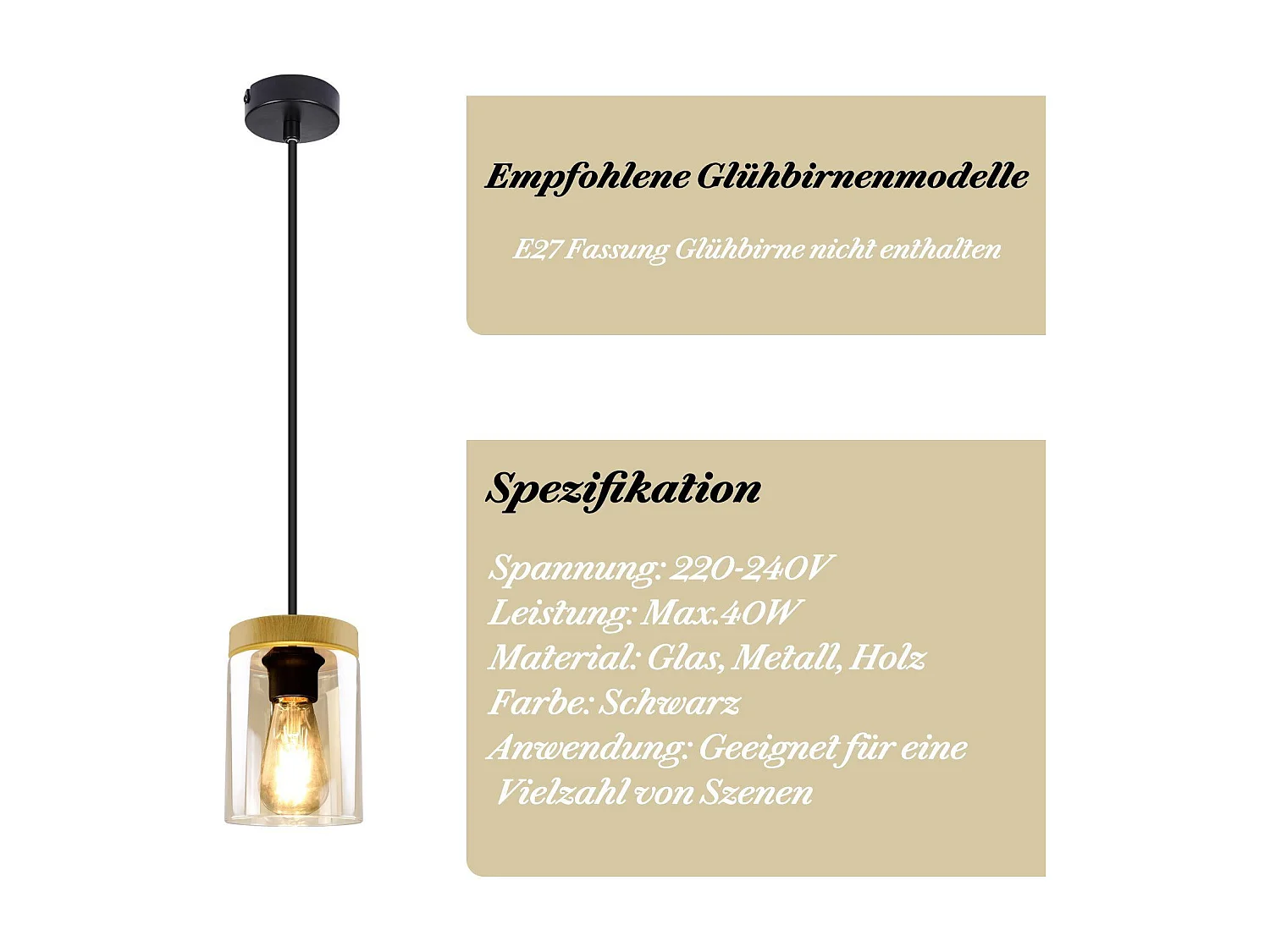 NETTLIFE Suspension E27 Vintage noir Diam.12 cm bois métal avec verre abat-jour pour salle à manger cuisine salon chambre