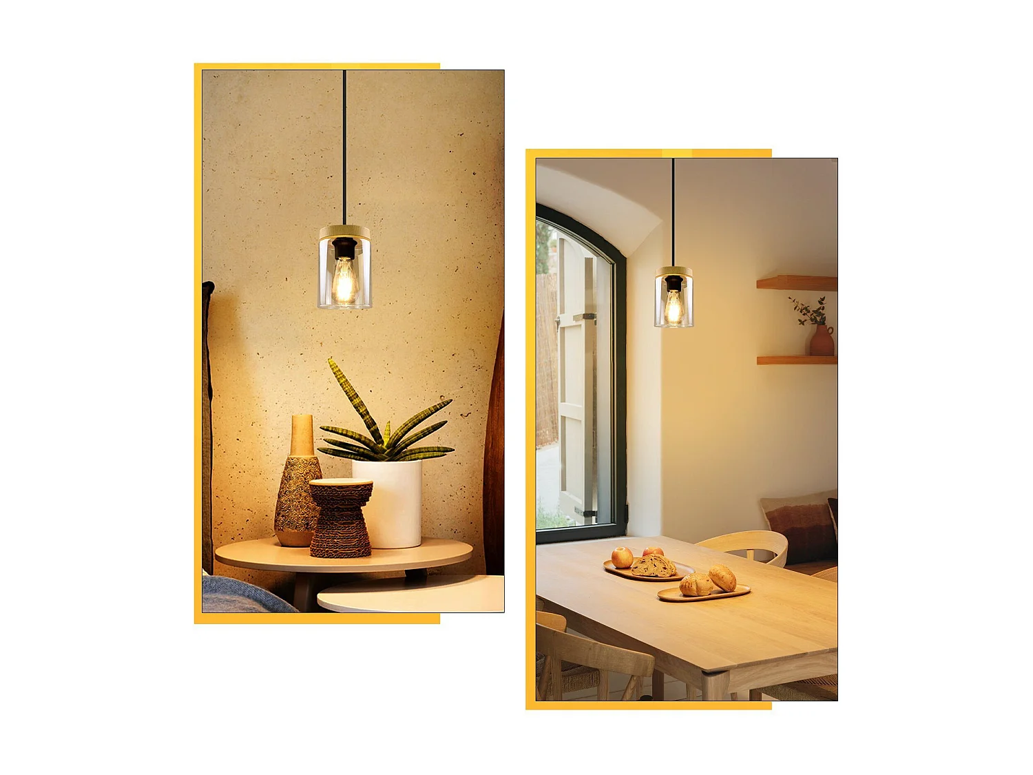 NETTLIFE Hanglamp glas - E27 fitting - vintage - zwart - metaal met houten lampenkap - voor eetkamer keuken woonkamer slaapkamer