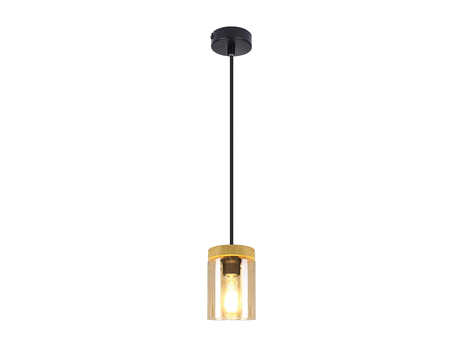NETTLIFE Hanglamp glas - E27 fitting - vintage - zwart - metaal met houten lampenkap - voor eetkamer keuken woonkamer slaapkamer