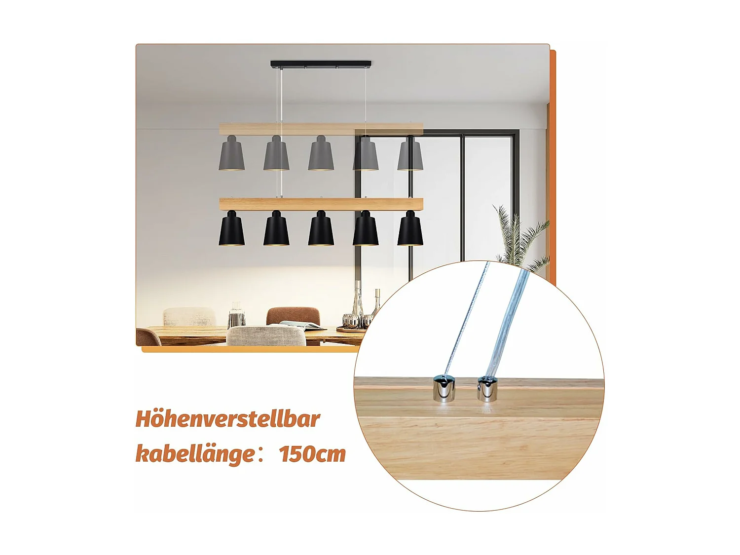 NETTLIFE Lampa wisząca 5 żarówek E27 czarna średnica 102cm nowoczesna lampa do jadalni z metalu i drewna do sypialni, korytarza kuchennego