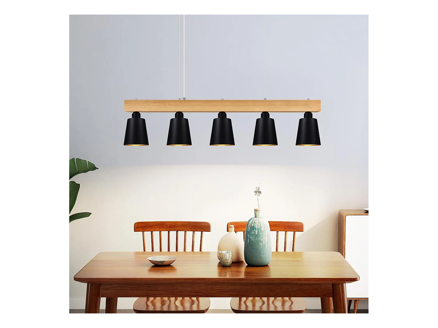 NETTLIFE Suspension 5 Ampoules E27 Noir Diam.102cm Moderne Métal et Bois Lampe de salle à Manger pour Chambre Cuisine Couloir
