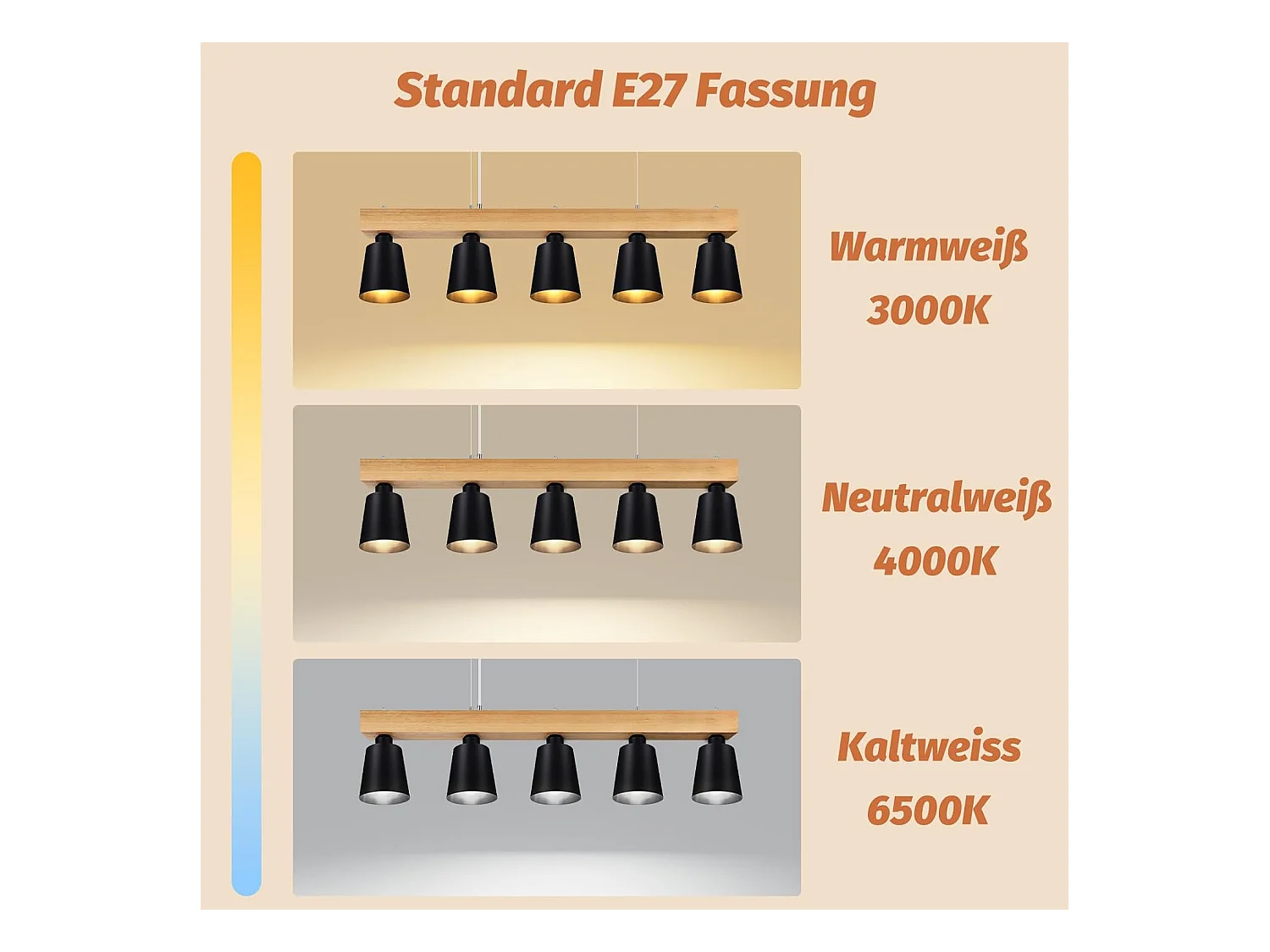 NETTLIFE Suspension 5 Ampoules E27 Noir Diam.102cm Moderne Métal et Bois Lampe de salle à Manger pour Chambre Cuisine Couloir