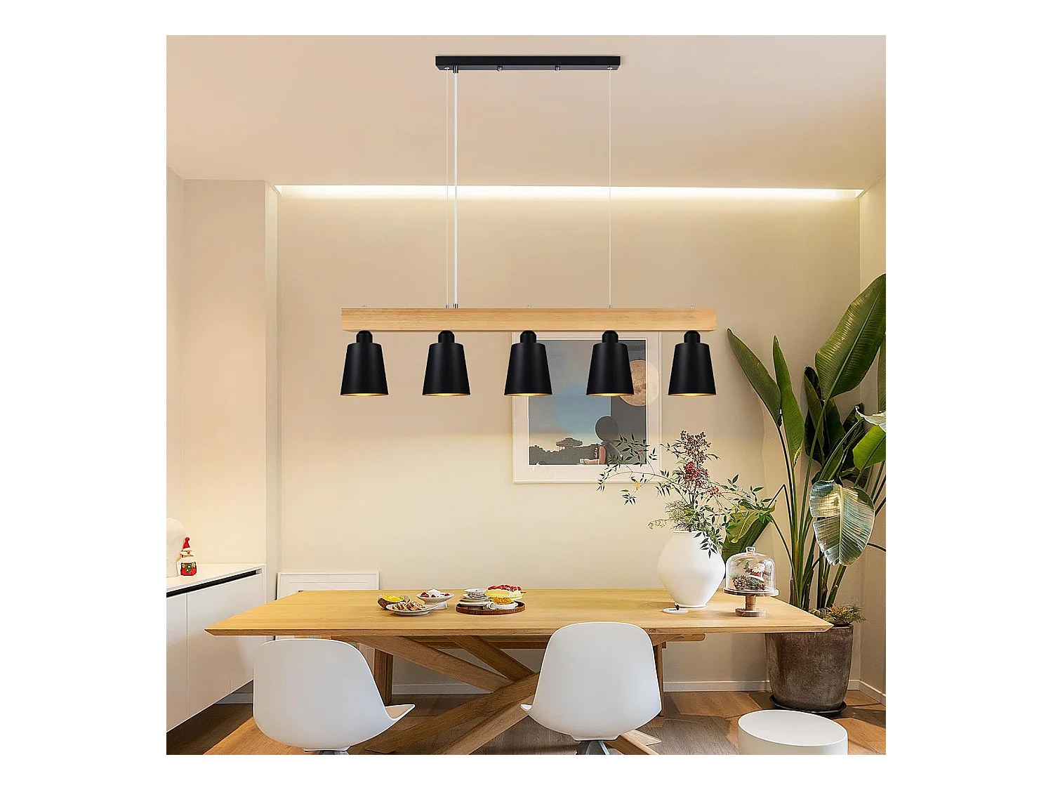 NETTLIFE Suspension 5 Ampoules E27 Noir Diam.102cm Moderne Métal et Bois Lampe de salle à Manger pour Chambre Cuisine Couloir