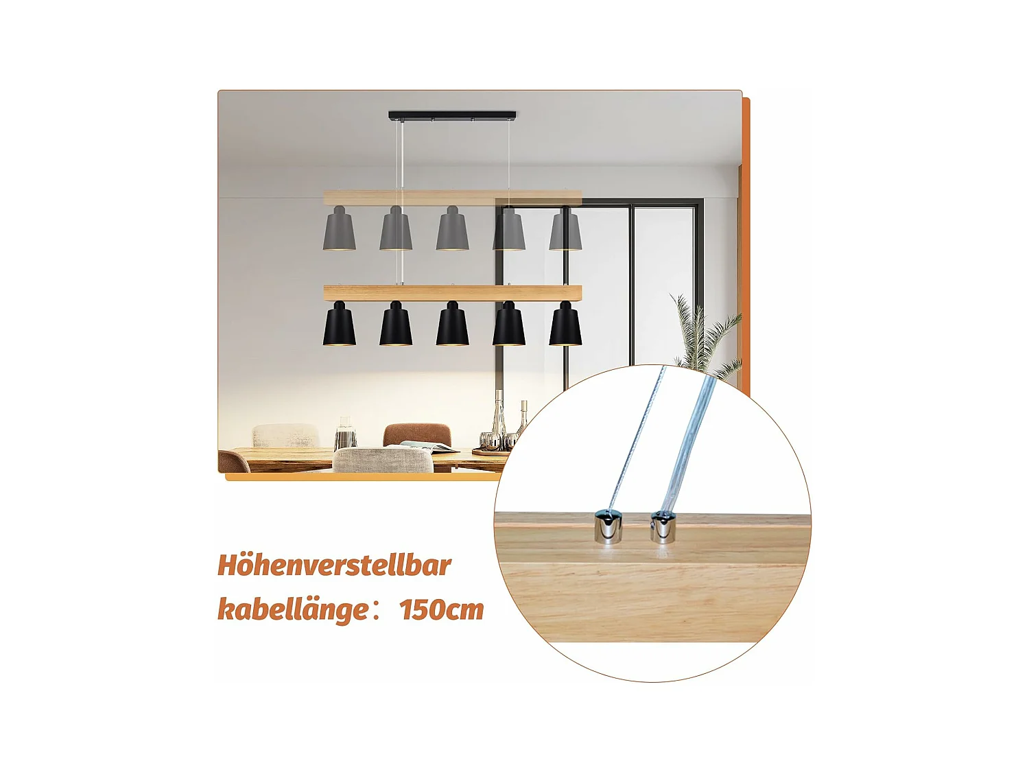 NETTLIFE Suspension 5 Ampoules E27 Noir Diam.102cm Moderne Métal et Bois Lampe de salle à Manger pour Chambre Cuisine Couloir