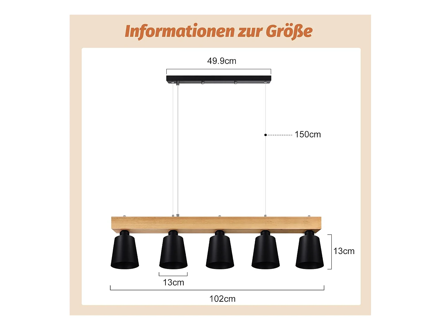 NETTLIFE Suspension 5 Ampoules E27 Noir Diam.102cm Moderne Métal et Bois Lampe de salle à Manger pour Chambre Cuisine Couloir