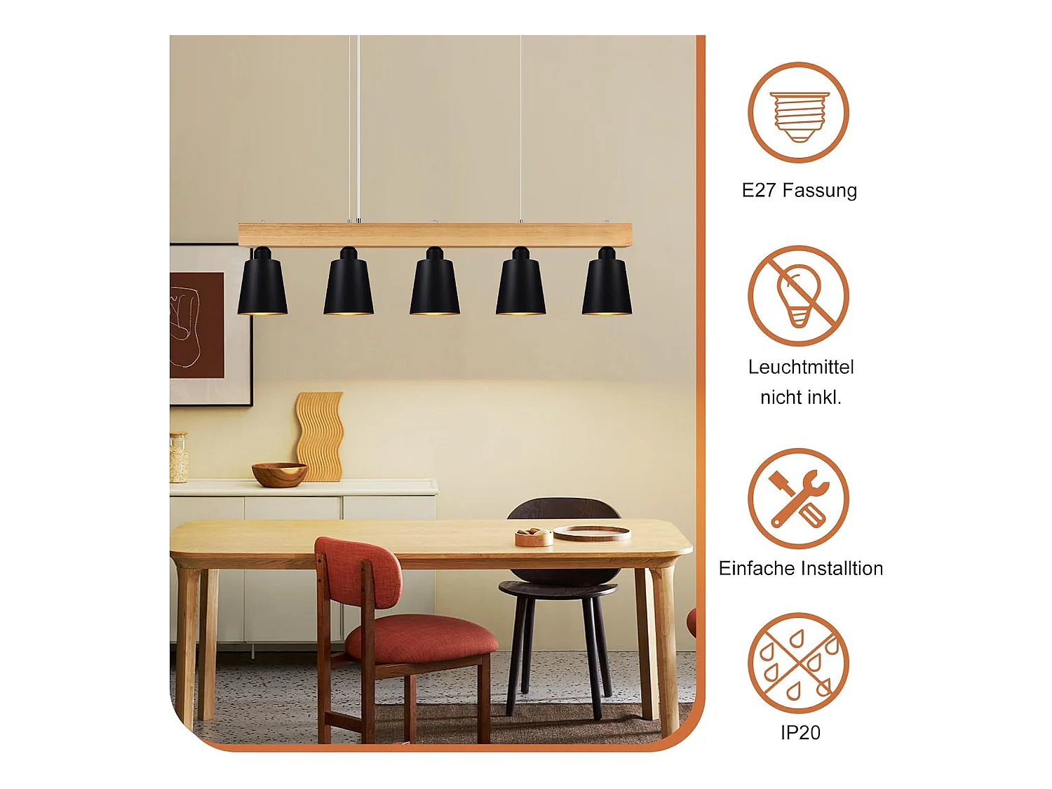 NETTLIFE Suspension 5 Ampoules E27 Noir Diam.102cm Moderne Métal et Bois Lampe de salle à Manger pour Chambre Cuisine Couloir
