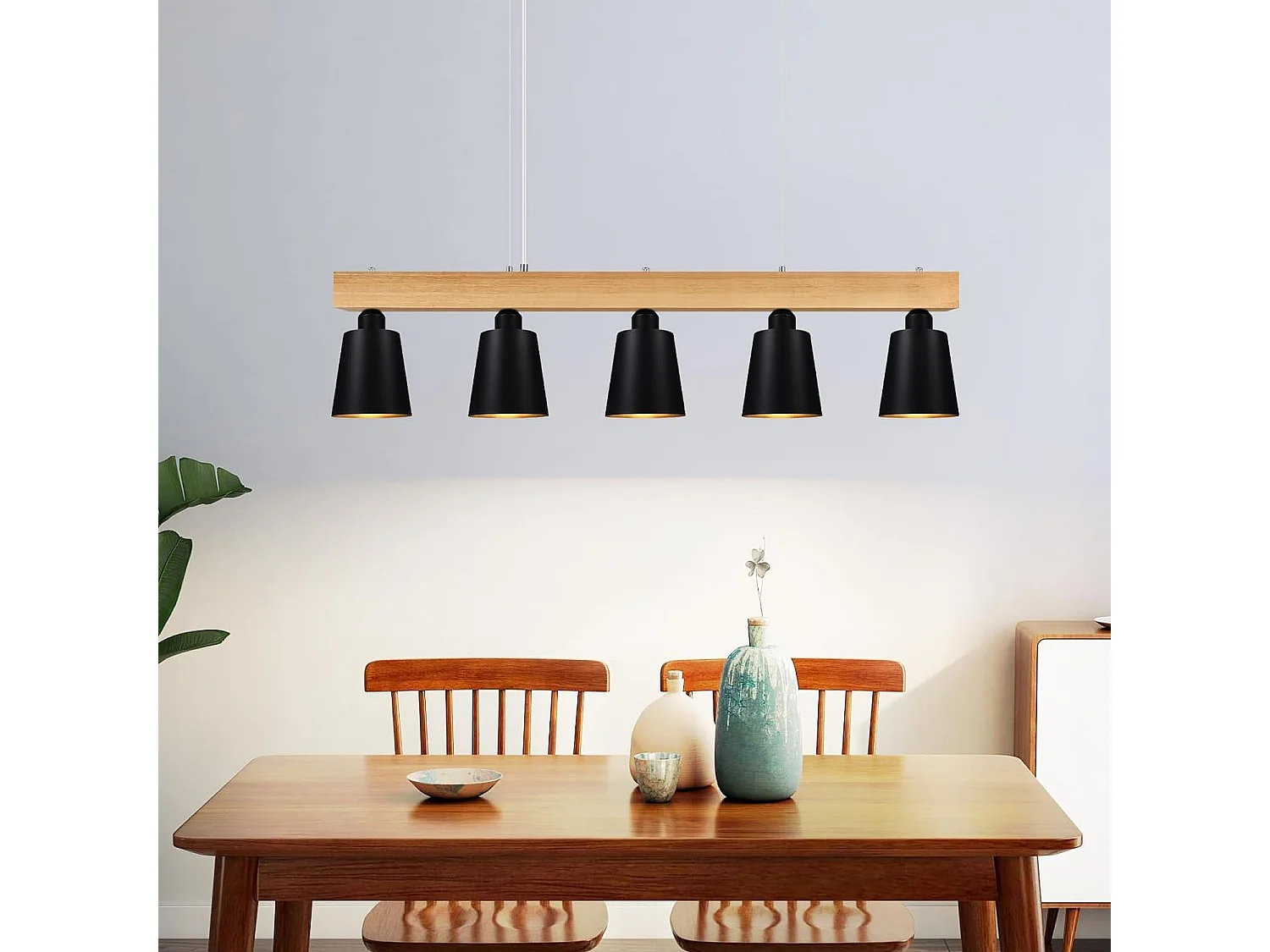 NETTLIFE Suspension 5 Ampoules E27 Noir Diam.102cm Moderne Métal et Bois Lampe de salle à Manger pour Chambre Cuisine Couloir