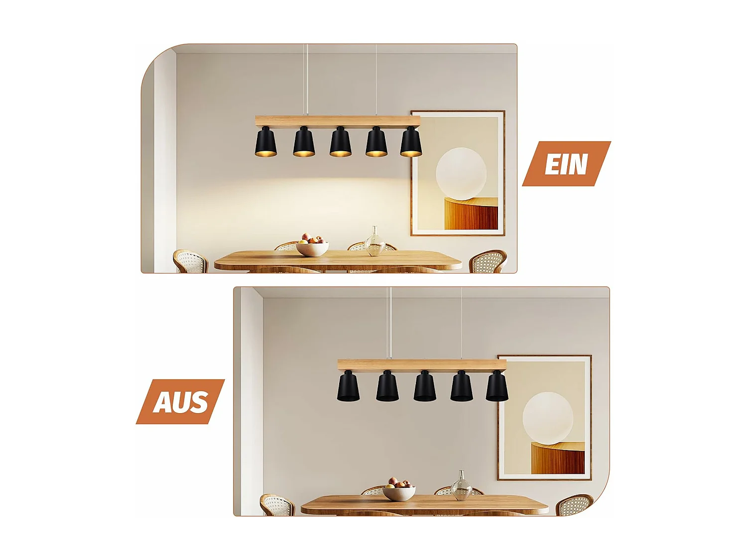 NETTLIFE Suspension 5 Ampoules E27 Noir Diam.102cm Moderne Métal et Bois Lampe de salle à Manger pour Chambre Cuisine Couloir