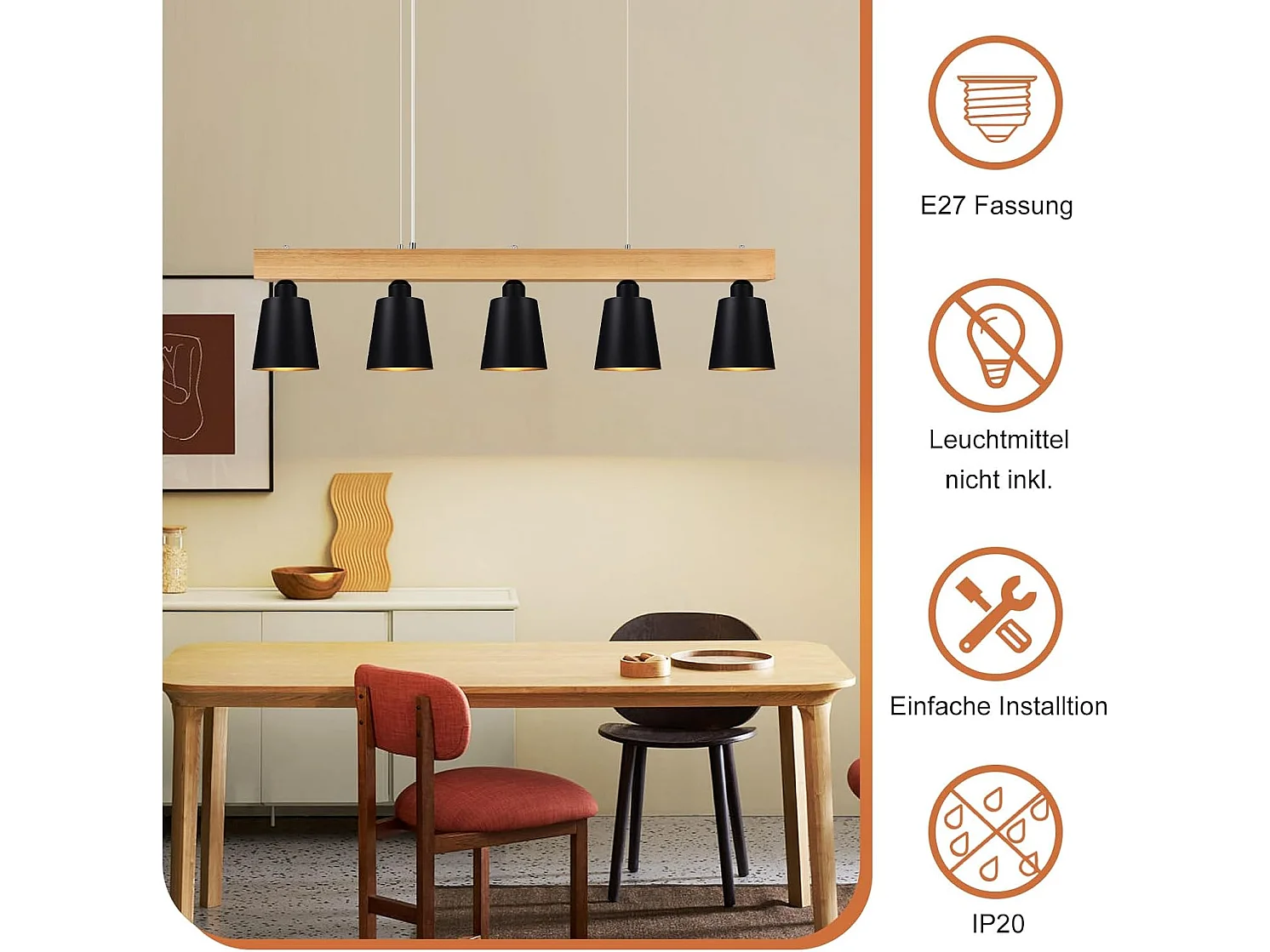 NETTLIFE Suspension 5 Ampoules E27 Noir Diam.102cm Moderne Métal et Bois Lampe de salle à Manger pour Chambre Cuisine Couloir