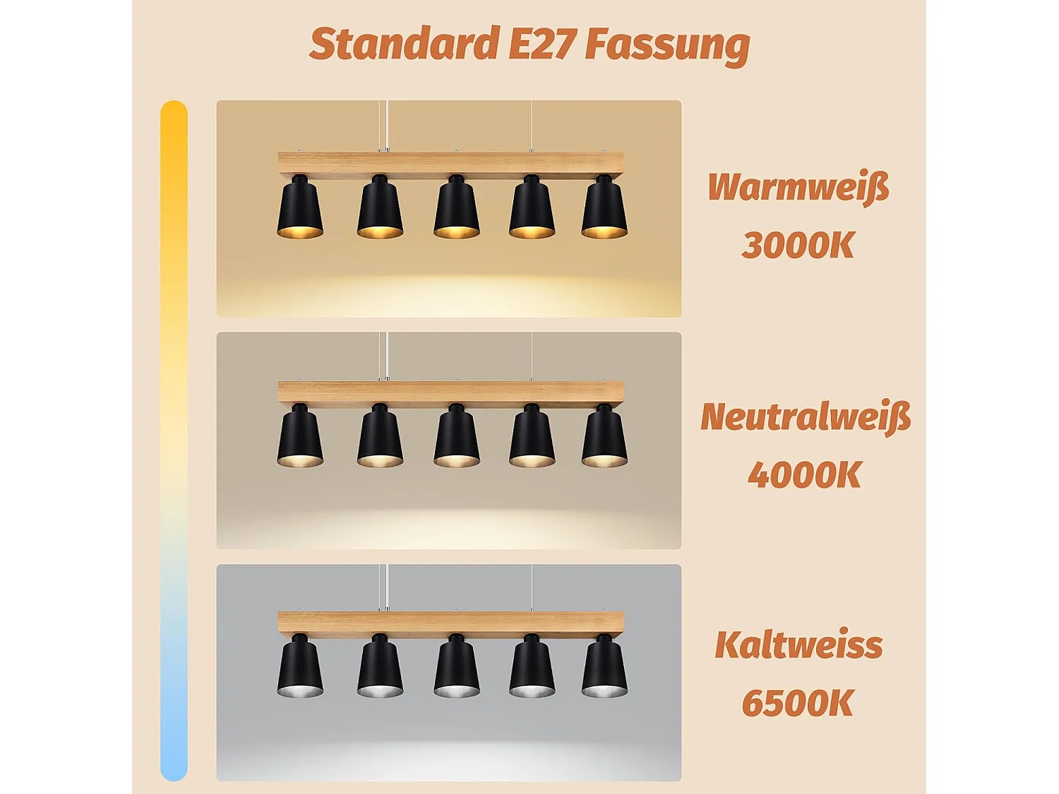 NETTLIFE Suspension 5 Ampoules E27 Noir Diam.102cm Moderne Métal et Bois Lampe de salle à Manger pour Chambre Cuisine Couloir