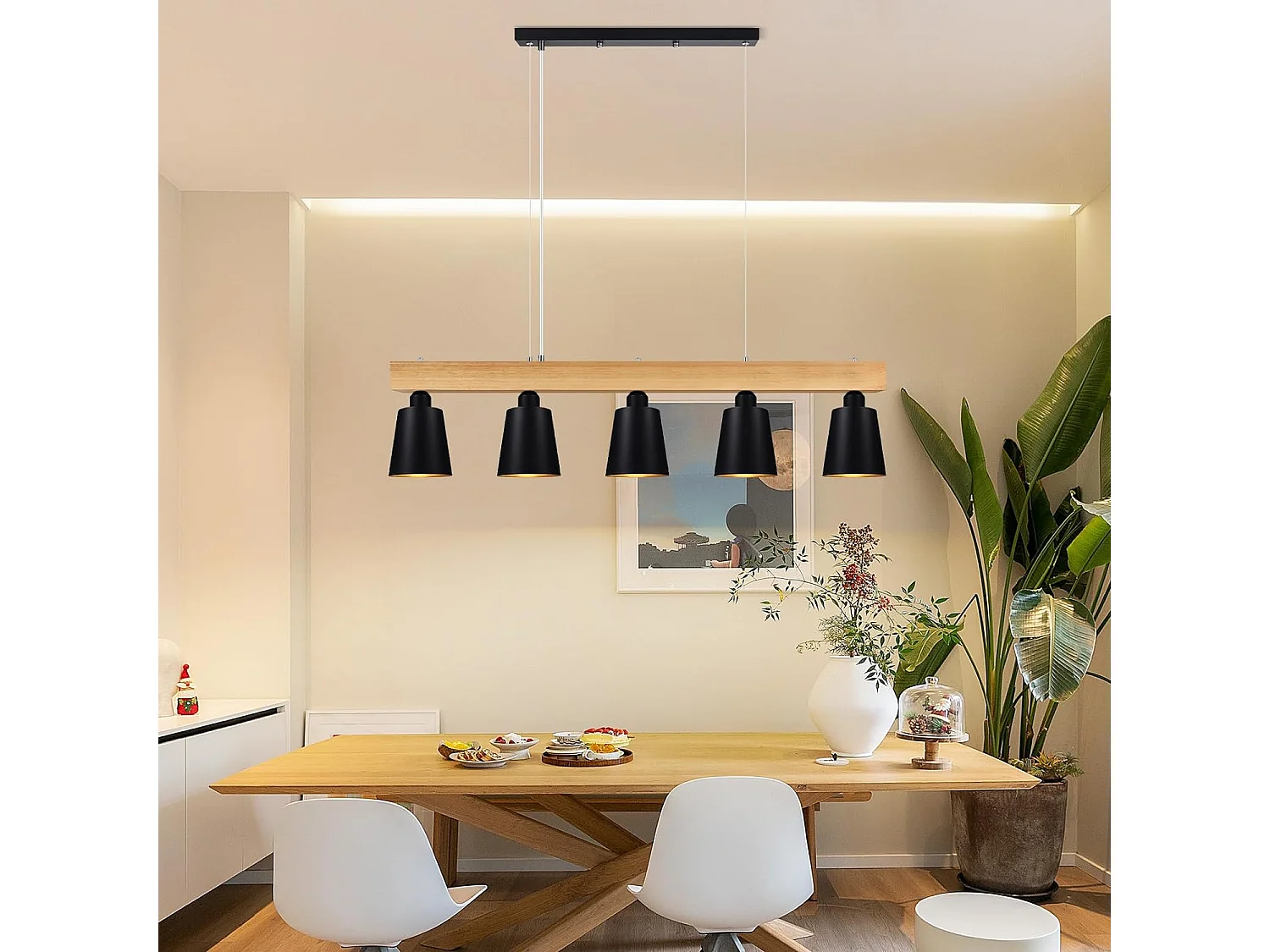 NETTLIFE Suspension 5 Ampoules E27 Noir Diam.102cm Moderne Métal et Bois Lampe de salle à Manger pour Chambre Cuisine Couloir