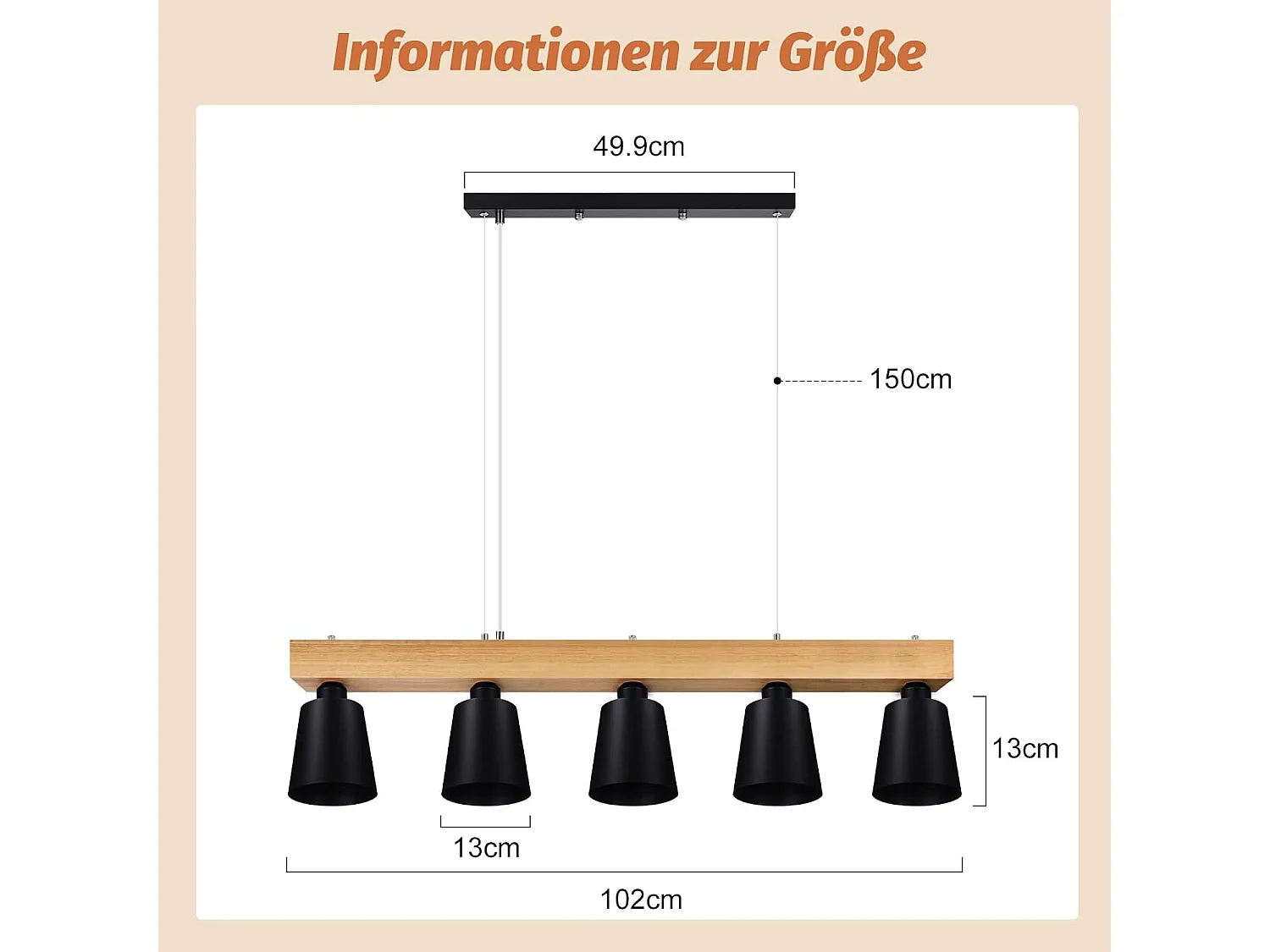 NETTLIFE Suspension 5 Ampoules E27 Noir Diam.102cm Moderne Métal et Bois Lampe de salle à Manger pour Chambre Cuisine Couloir