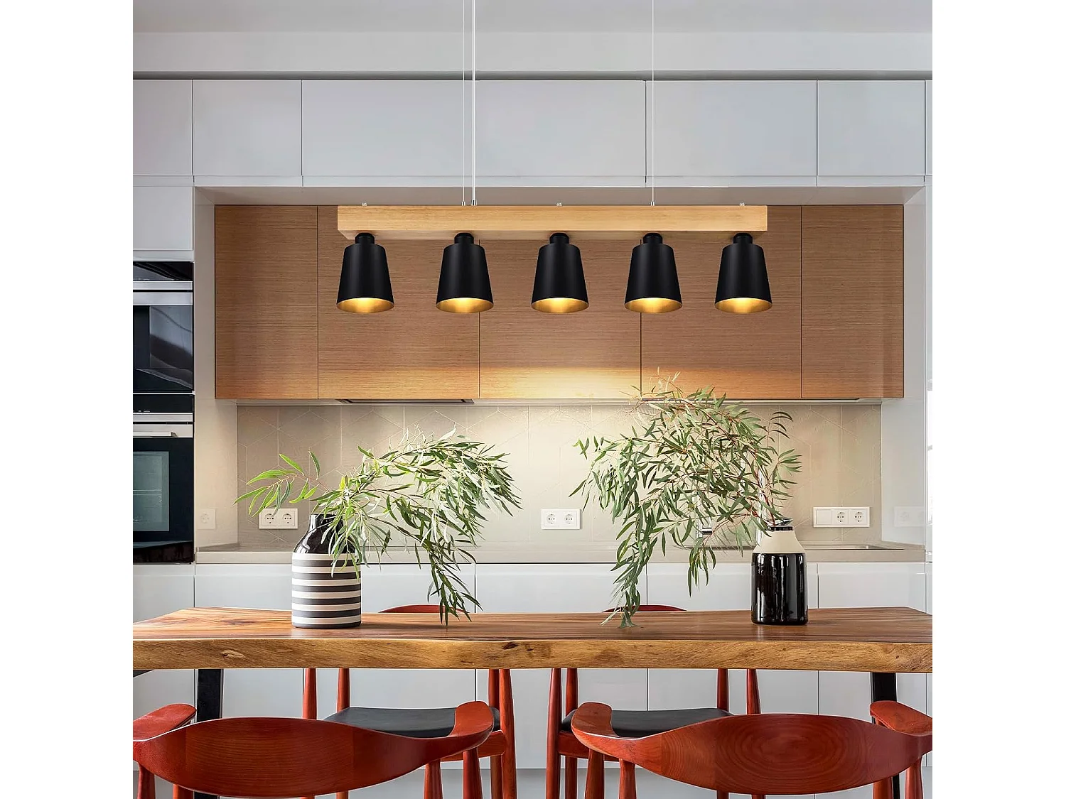 NETTLIFE Suspension 5 Ampoules E27 Noir Diam.102cm Moderne Métal et Bois Lampe de salle à Manger pour Chambre Cuisine Couloir