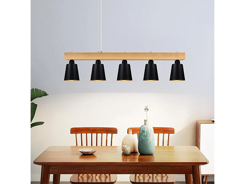 NETTLIFE Suspension 5 Ampoules E27 Noir Diam.102cm Moderne Métal et Bois Lampe de salle à Manger pour Chambre Cuisine Couloir
