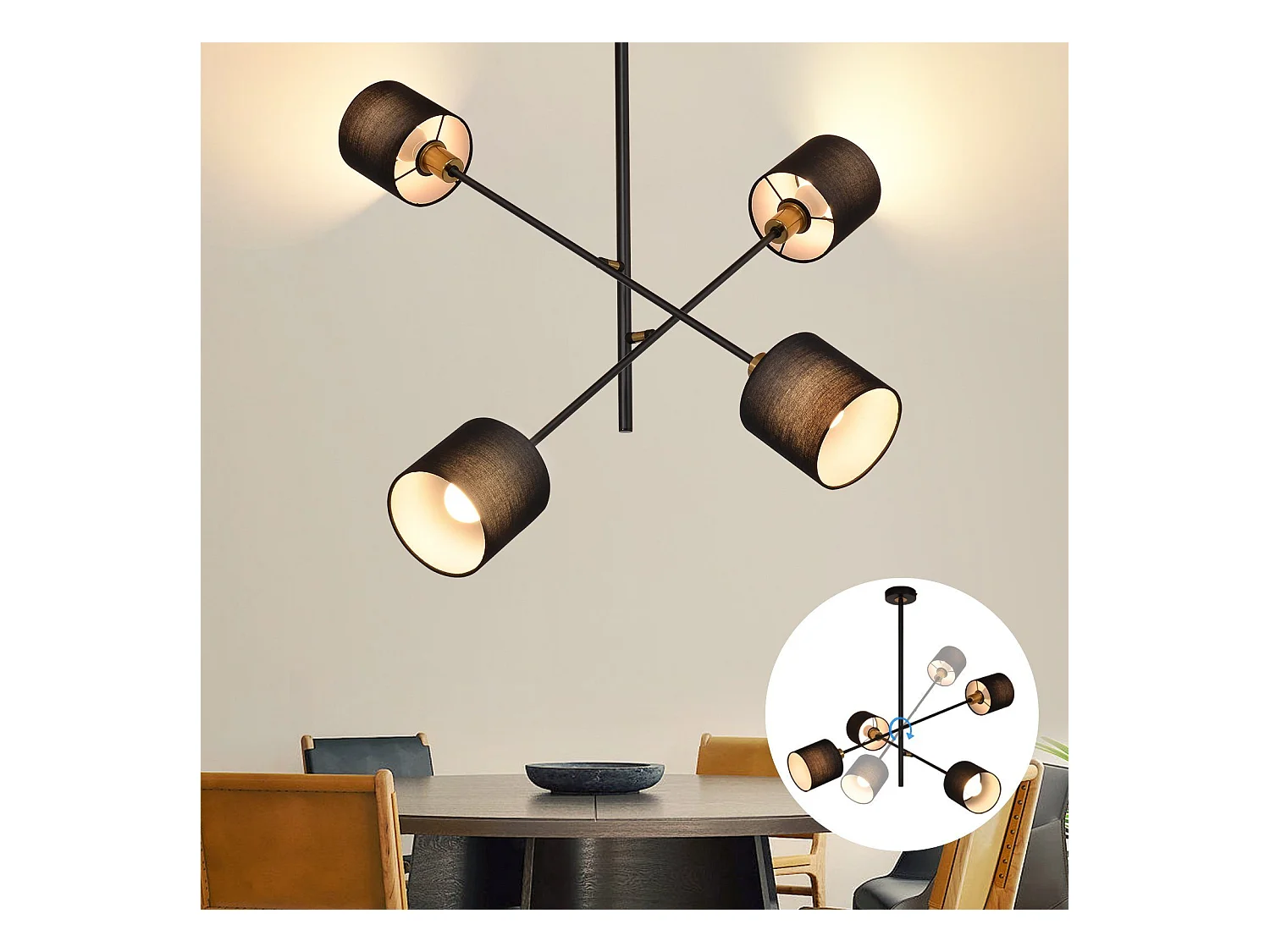 NETTLIFE Suspension Métal Noir E14 Max. 25W Diam. 85 cm 4 Ampoules Abat-Jour Salon Lampe de Salle à Manger Vintage Plafonnier Lampe de Cuisine pour