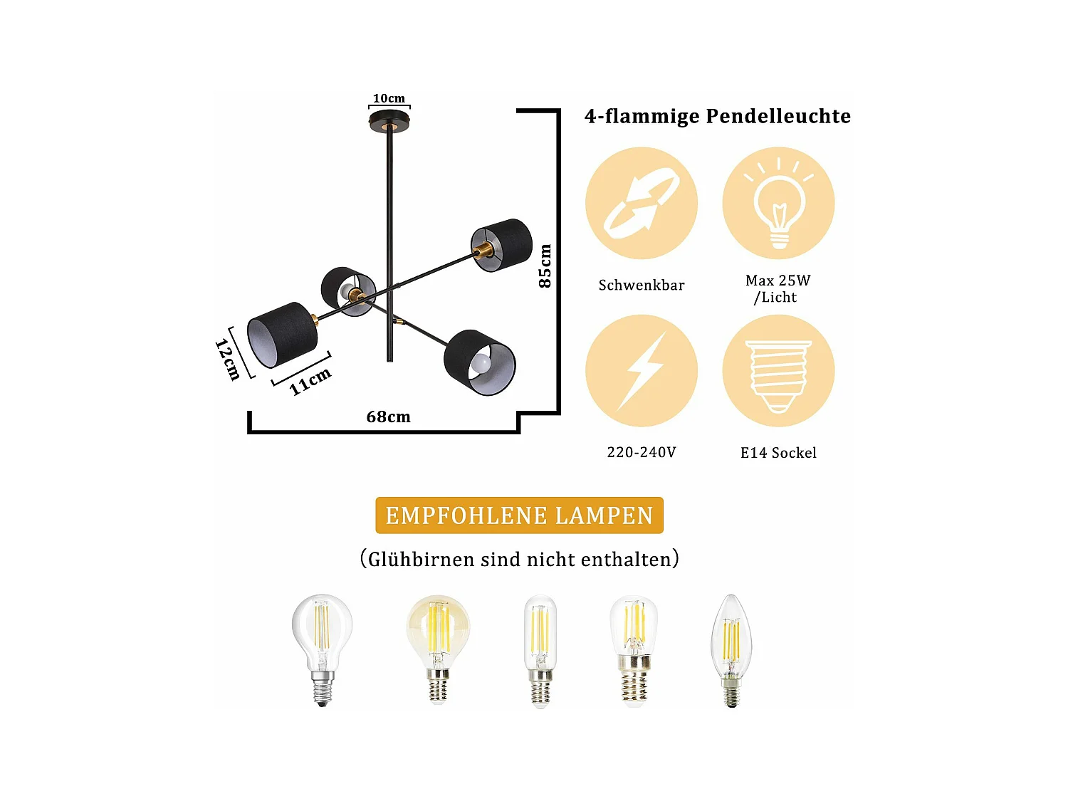 NETTLIFE Suspension Métal Noir E14 Max. 25W Diam. 85 cm 4 Ampoules Abat-Jour Salon Lampe de Salle à Manger Vintage Plafonnier Lampe de Cuisine pour
