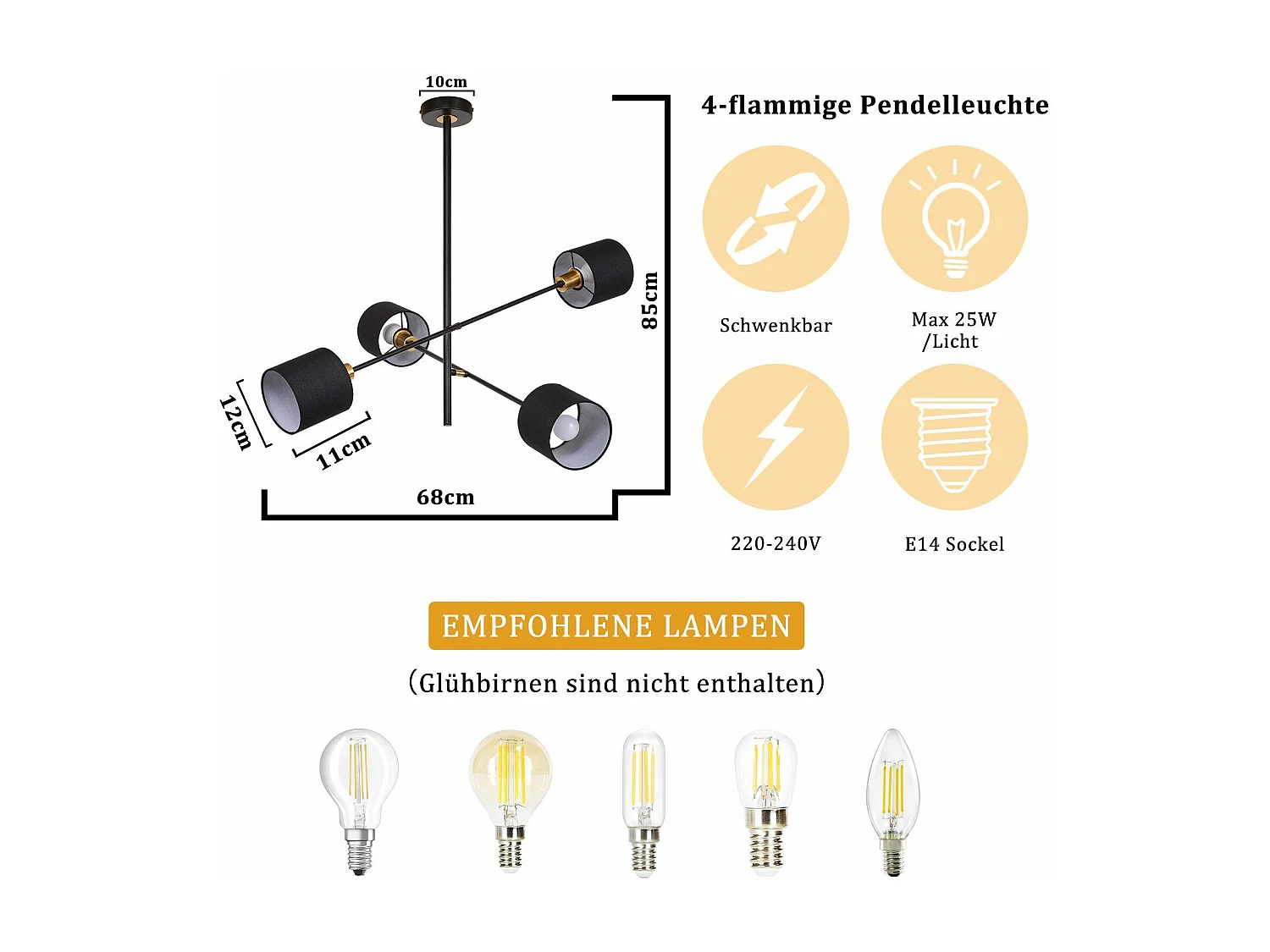 NETTLIFE Suspension Métal Noir E14 Max. 25W Diam. 85 cm 4 Ampoules Abat-Jour Salon Lampe de Salle à Manger Vintage Plafonnier Lampe de Cuisine pour