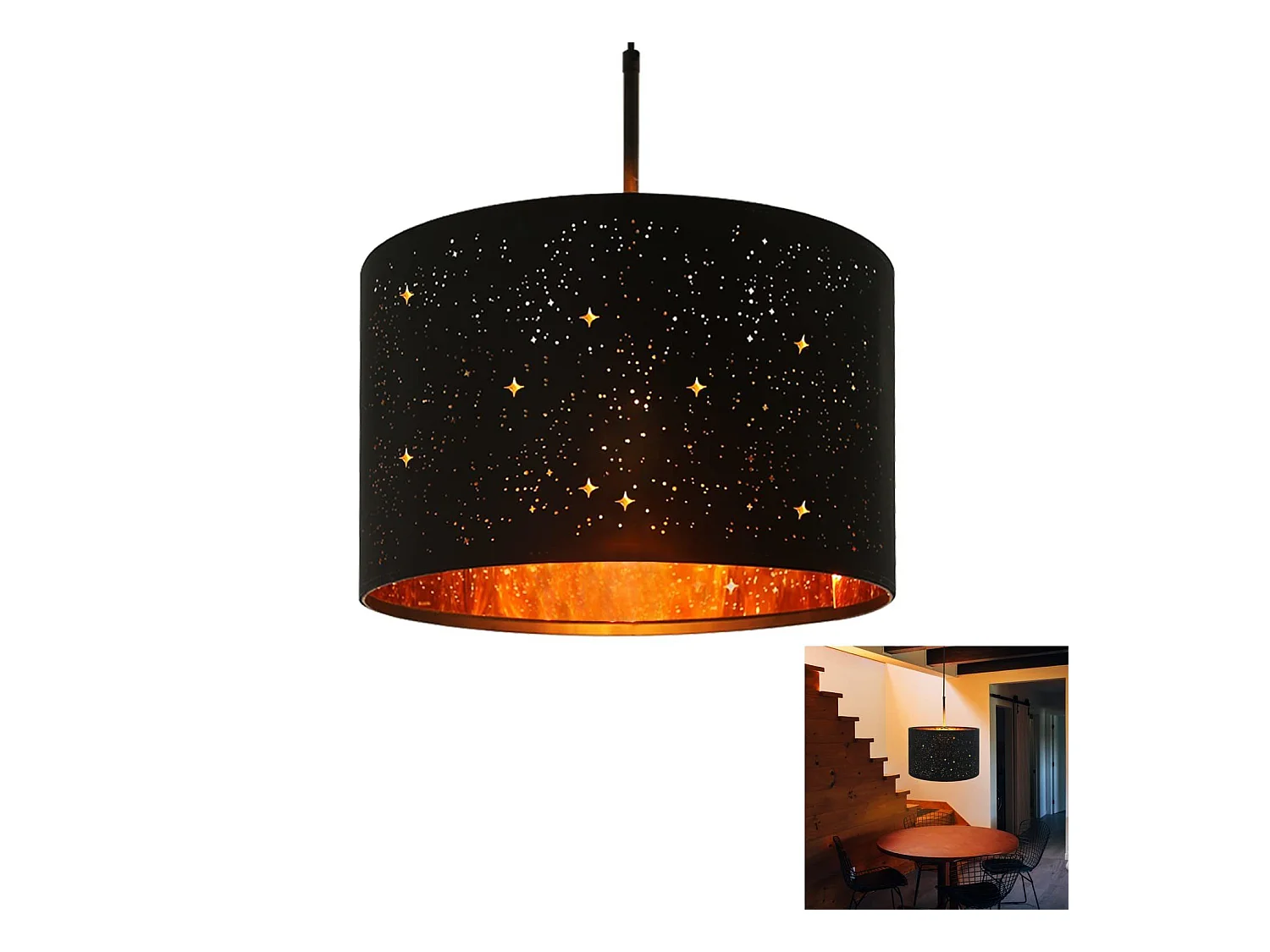 NETTLIFE Suspension Tissu Noir Or Diam.38CM E27 Moderne Ciel Étoilé Tissu Abat-Jour Vintage pour Salle à Manger Salon Chambre