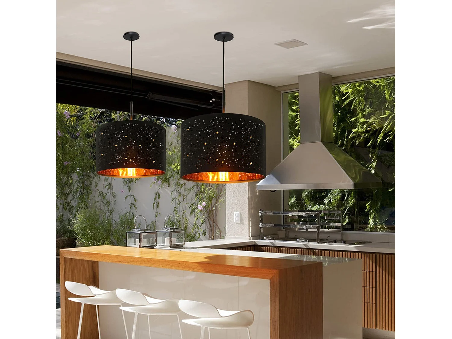 NETTLIFE Suspension Tissu Noir Or Diam.38CM E27 Moderne Ciel Étoilé Tissu Abat-Jour Vintage pour Salle à Manger Salon Chambre