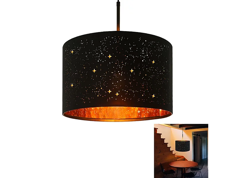 NETTLIFE Zwarte gouden stoffen hanglamp Diameter 38CM E27 Moderne vintage sterrenhemel stoffen kap voor woonkamer/slaapkamer
