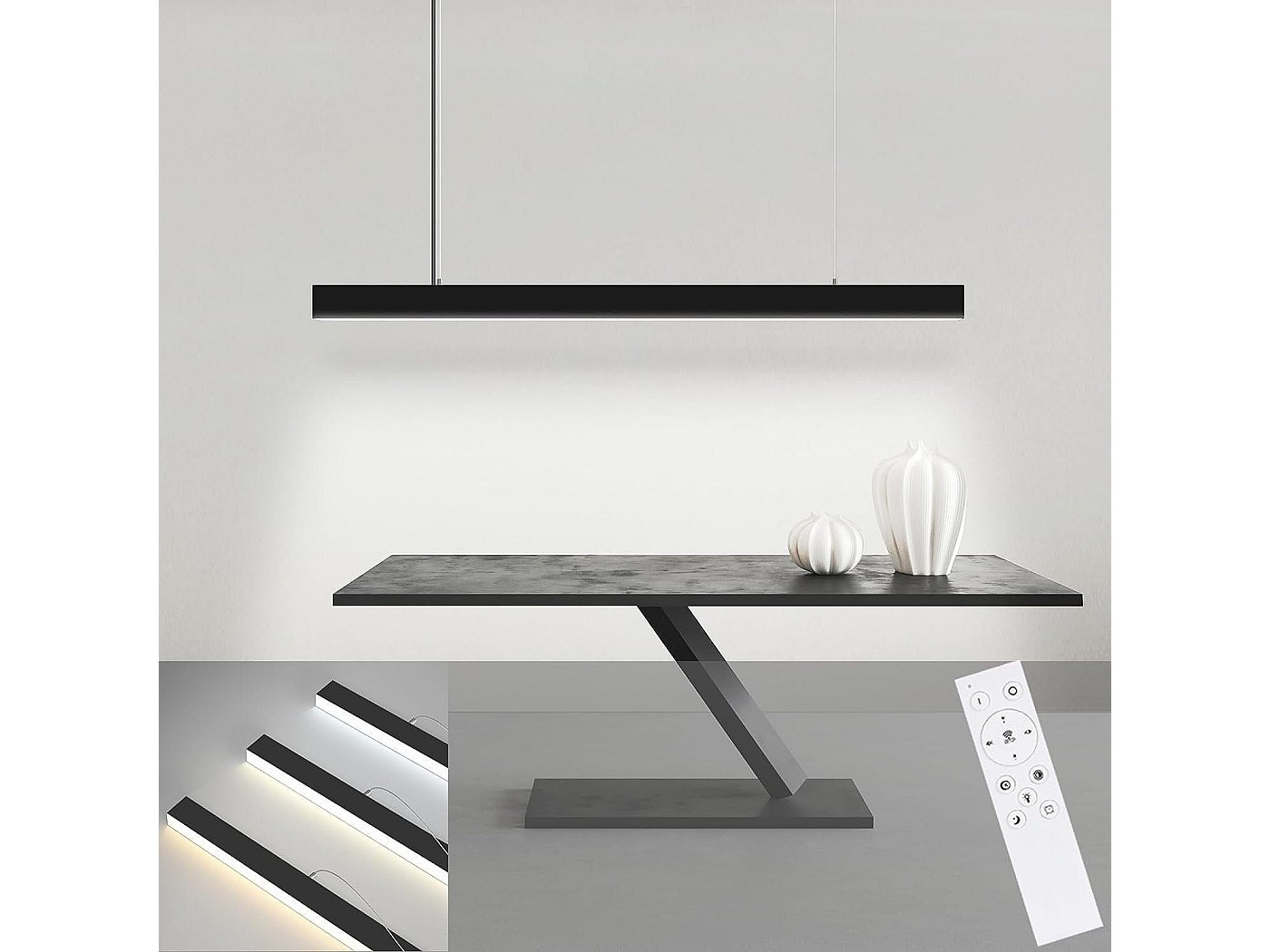 FANLG Pendelleuchte 100cm Schwarz - Dimmbare LED Hängeleuchte Mit Fernbedienung