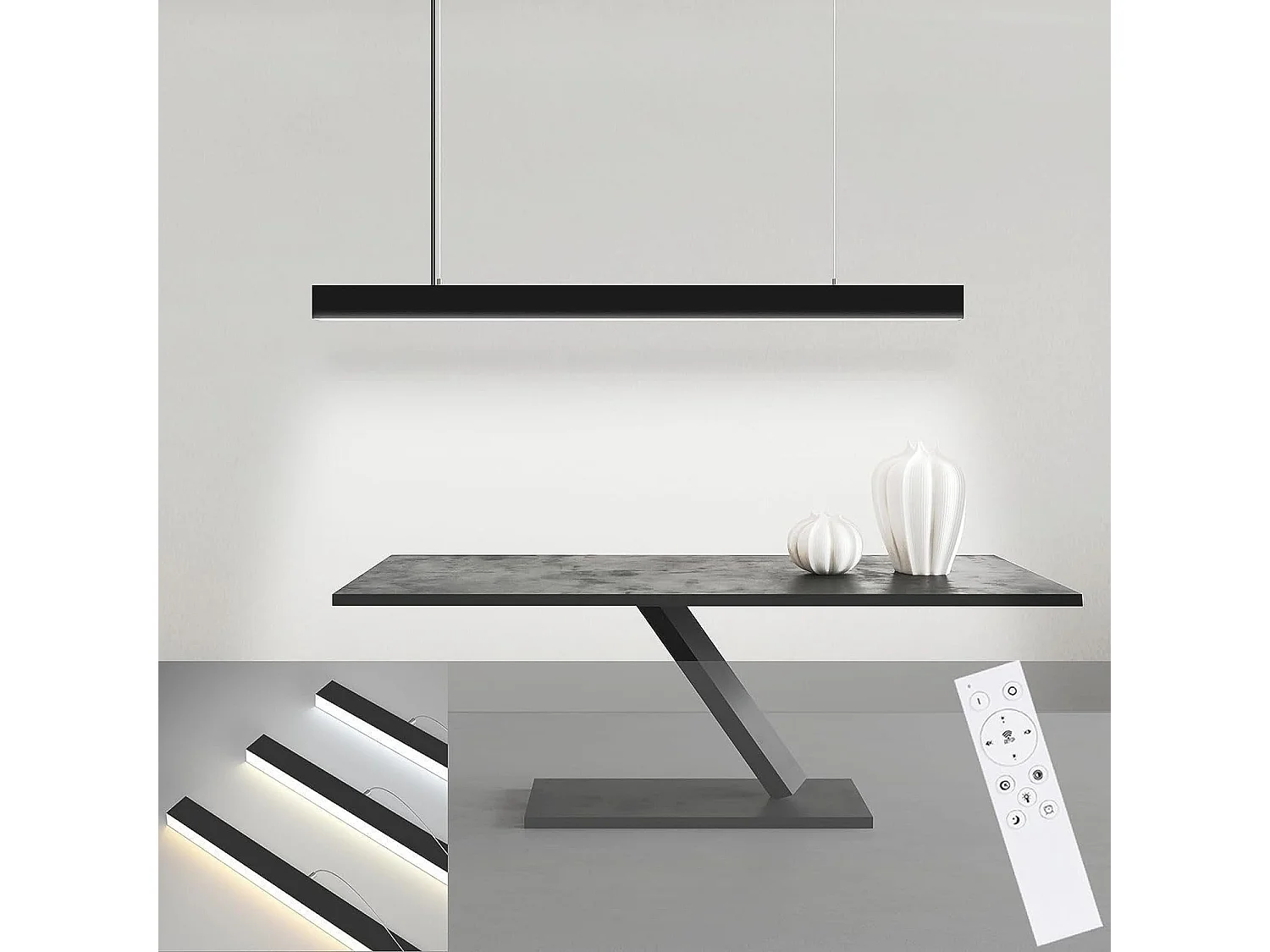NETTLIFE Suspension LED Diam.107CM 32W 3000K-6500K Table à Intensité Variable Noir avec Lampe Design Linéaire Moderne pour Salle à Manger Bureau