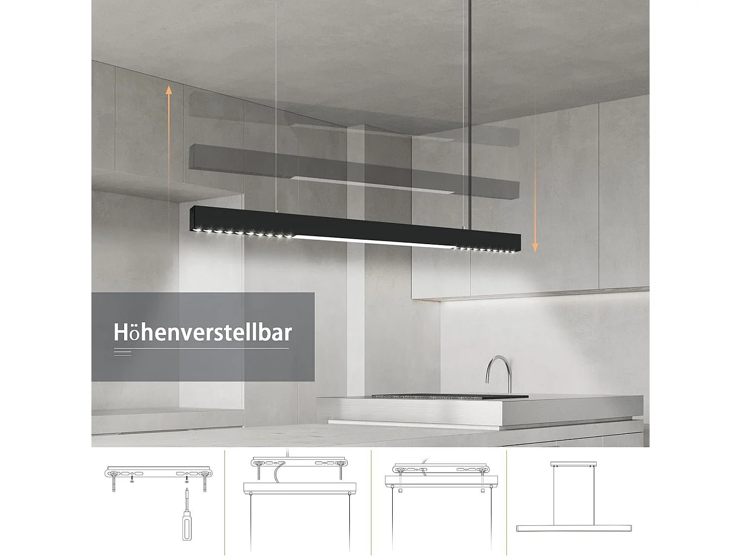 NETTLIFE Suspension LED Diam.107CM 32W 3000K-6500K Table à Intensité Variable Noir avec Lampe Design Linéaire Moderne pour Salle à Manger Bureau