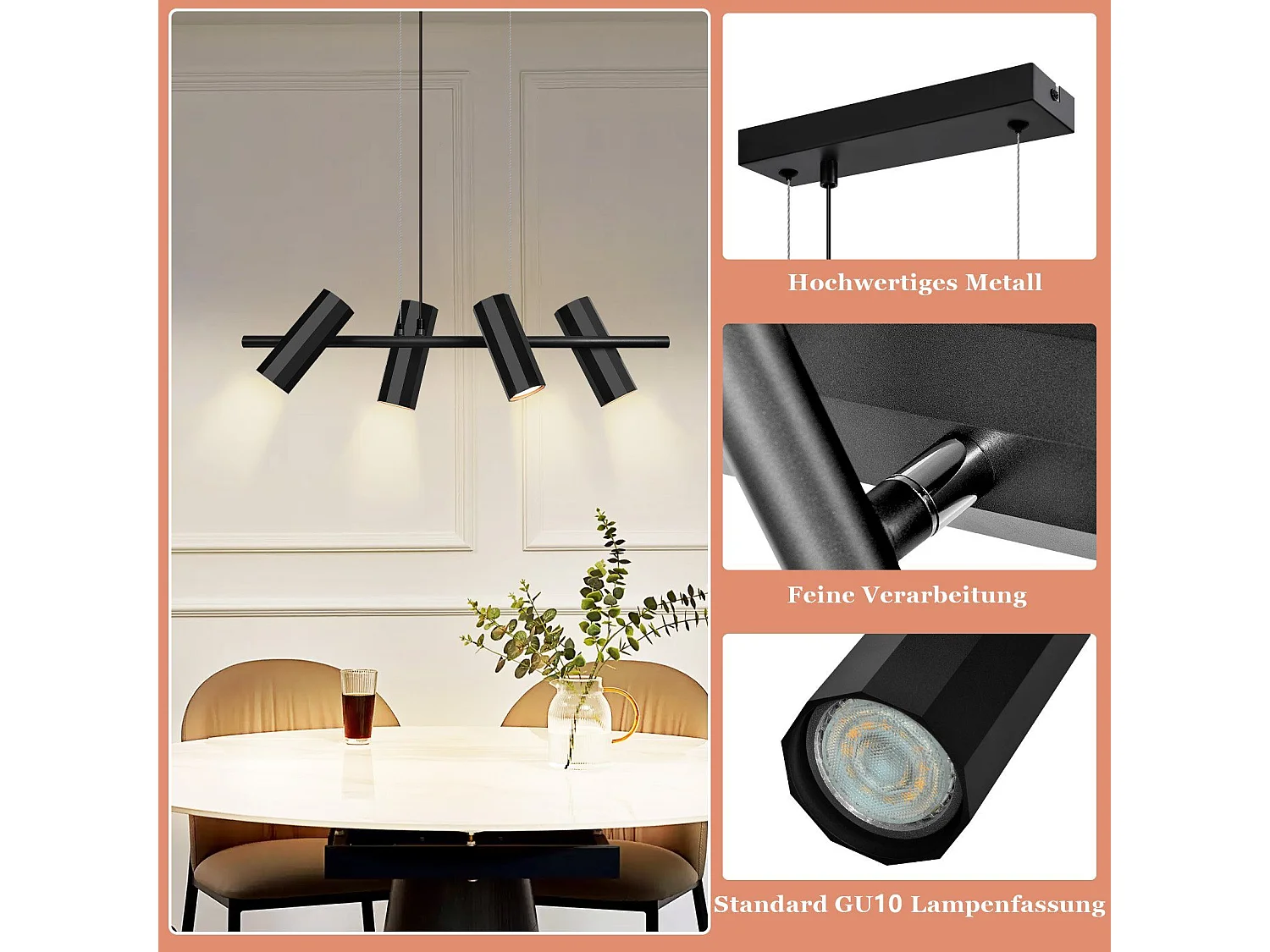 NETTLIFE Czarna metalowa lampa wisząca średnica 66 cm GU10 4 płomienie nowoczesny industrialny salon do wnętrza kuchni sypialnia