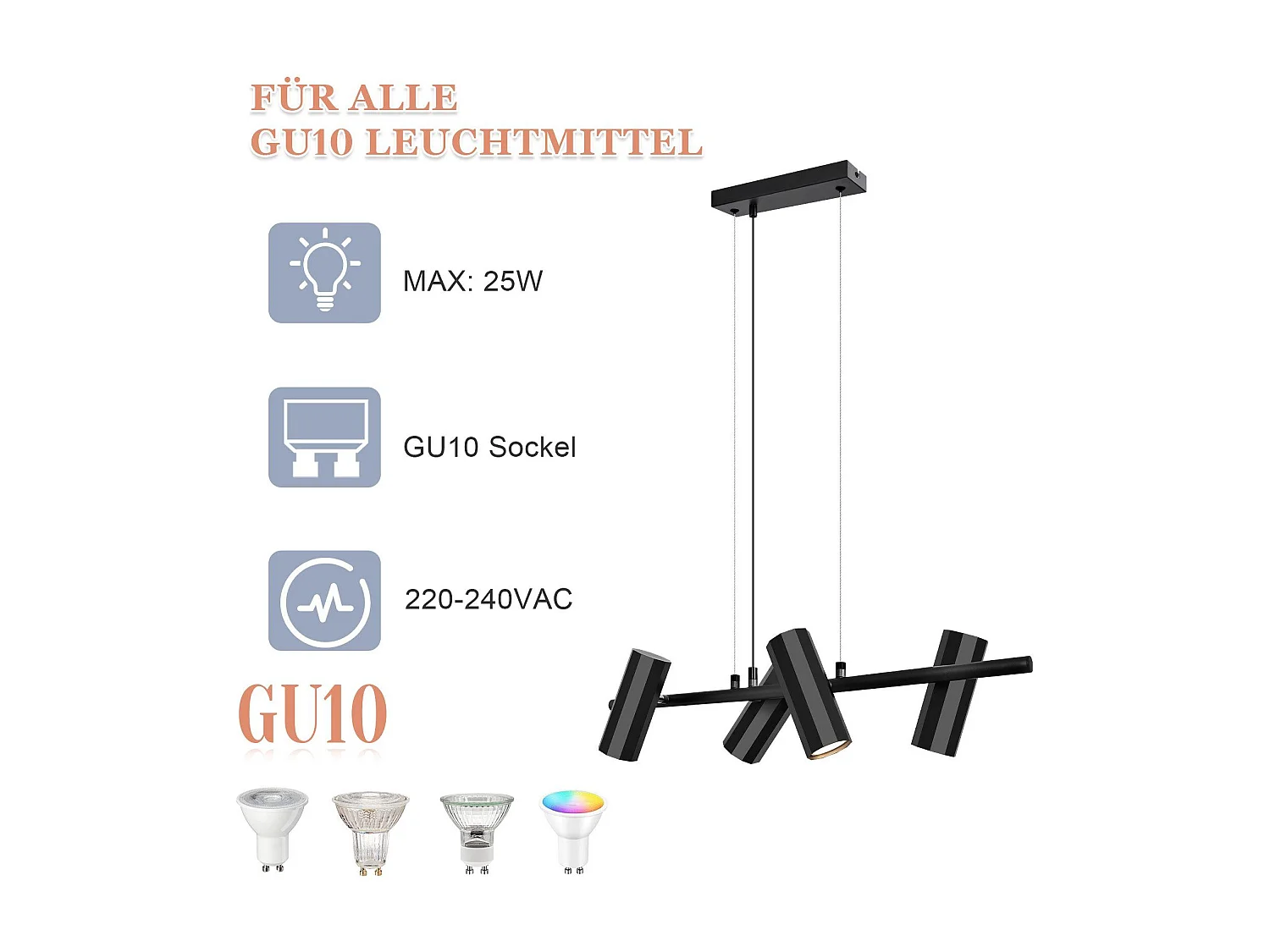 NETTLIFE Suspension métal noir diamètre 66 cm GU10 4 flammes salon moderne industriel pour intérieur cuisine chambre