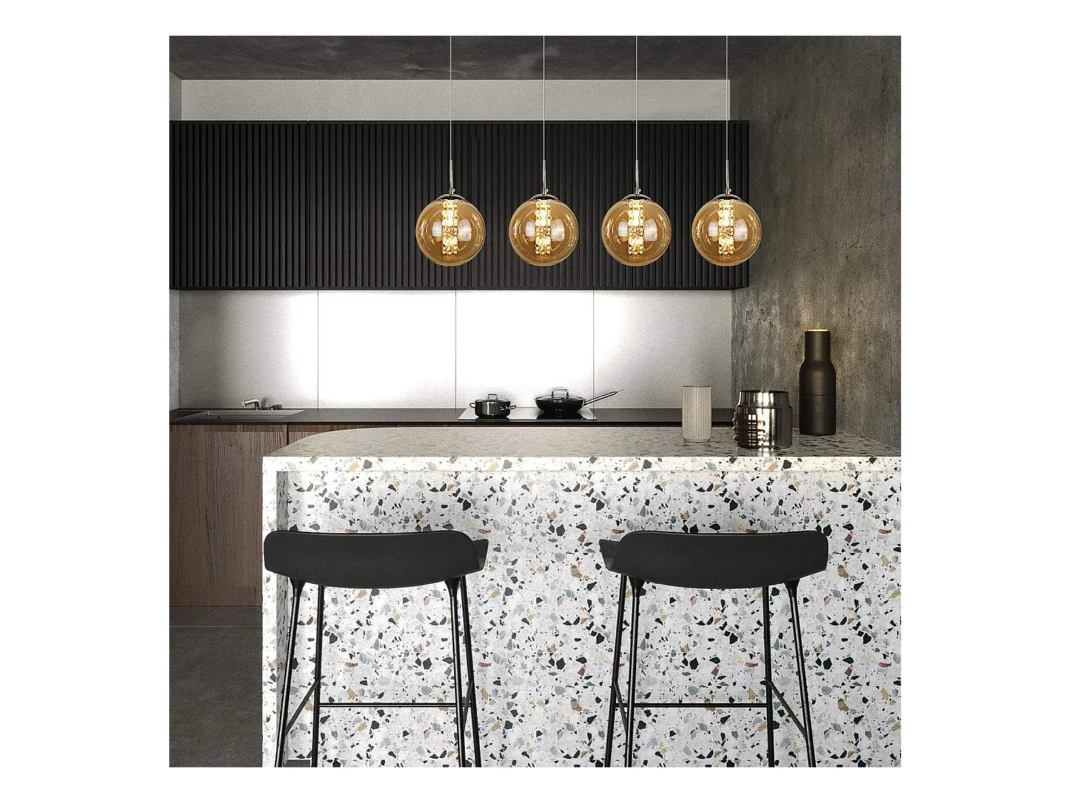 NETTLIFE Suspension verre ambre Diam.70cm G9 réglable en hauteur lampe de table à manger à 4 lampes de ambre lampe de salon de cuisine lampe
