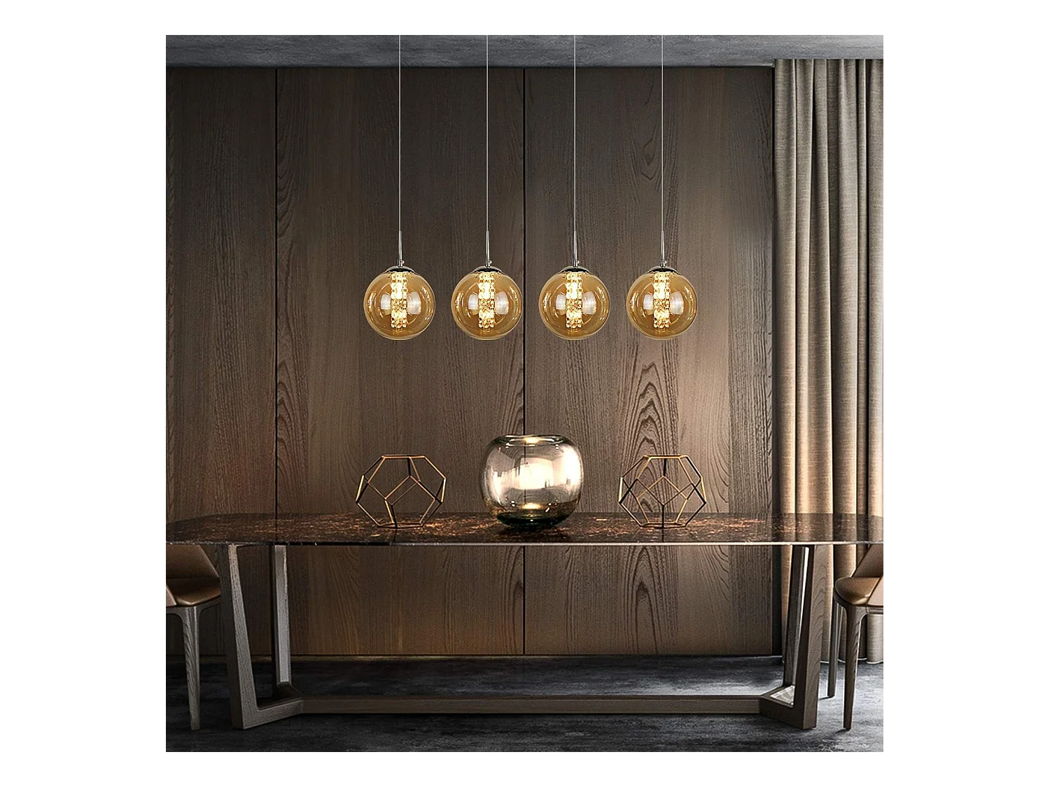 NETTLIFE Suspension verre ambre Diam.70cm G9 réglable en hauteur lampe de table à manger à 4 lampes de ambre lampe de salon de cuisine lampe