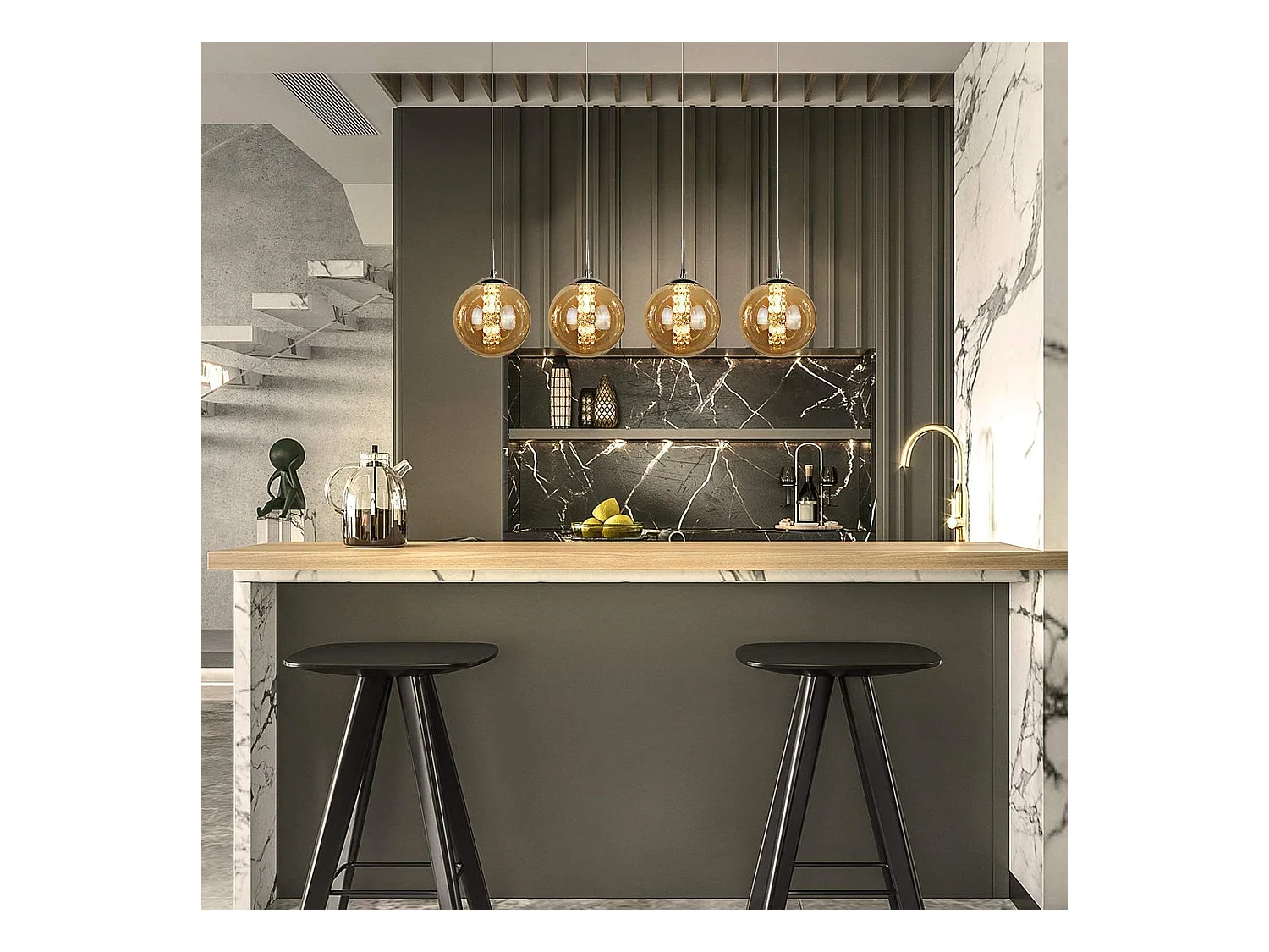 NETTLIFE Suspension verre ambre Diam.70cm G9 réglable en hauteur lampe de table à manger à 4 lampes de ambre lampe de salon de cuisine lampe