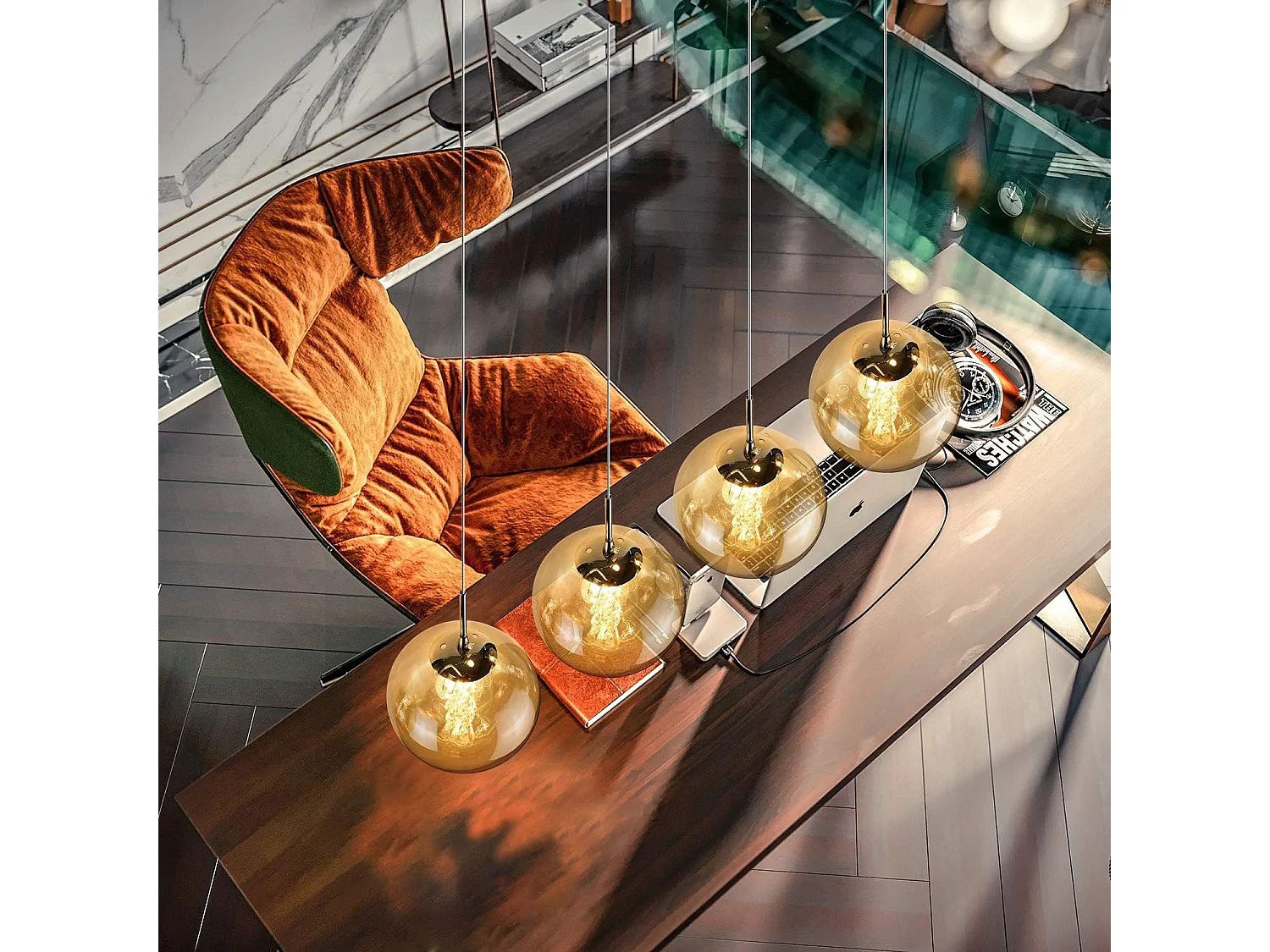 NETTLIFE Hanglamp modern - 4xG9 - glazen - amber - hoogte verstelbaar - 70cm - incl. lichtbron - voor keuken woonkamer slaapkamer hal