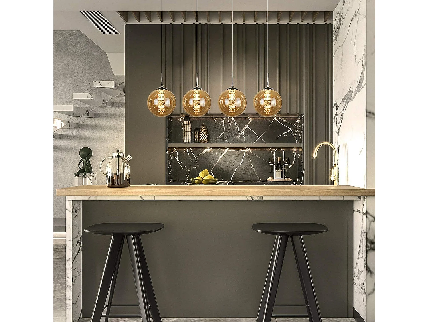 NETTLIFE Hanglamp modern - 4xG9 - glazen - amber - hoogte verstelbaar - 70cm - incl. lichtbron - voor keuken woonkamer slaapkamer hal