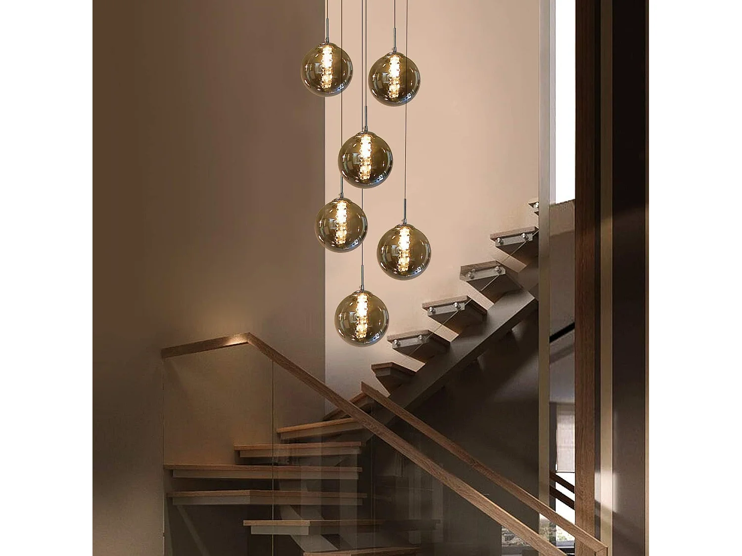 NETTLIFE Suspension G9 verre gris Diam.31cm 6 ampoules couleur cuisine salon lampe chambre lampe couloir