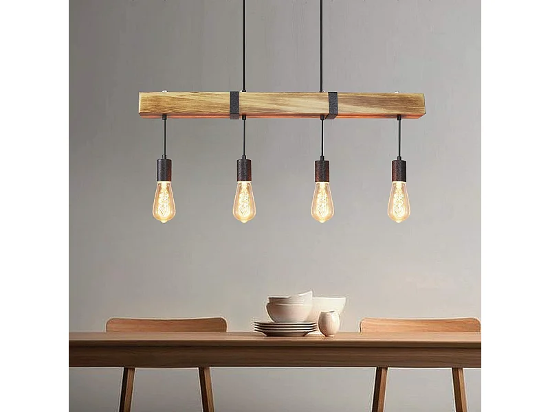 NETTLIFE Hanglamp hout - Vintage- 4 x E27 - 80CM - houten balk woonkamer lampen voor eetkamer keuken bar restaurant - max. 25 W
