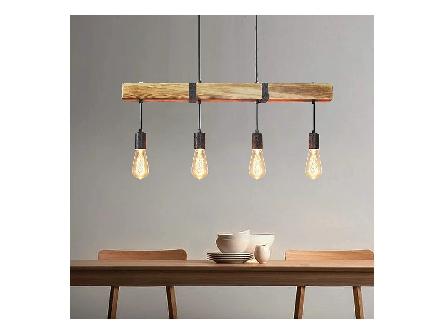NETTLIFE Hanglamp hout - Vintage- 4 x E27 - 80CM - houten balk woonkamer lampen voor eetkamer keuken bar restaurant - max. 25 W