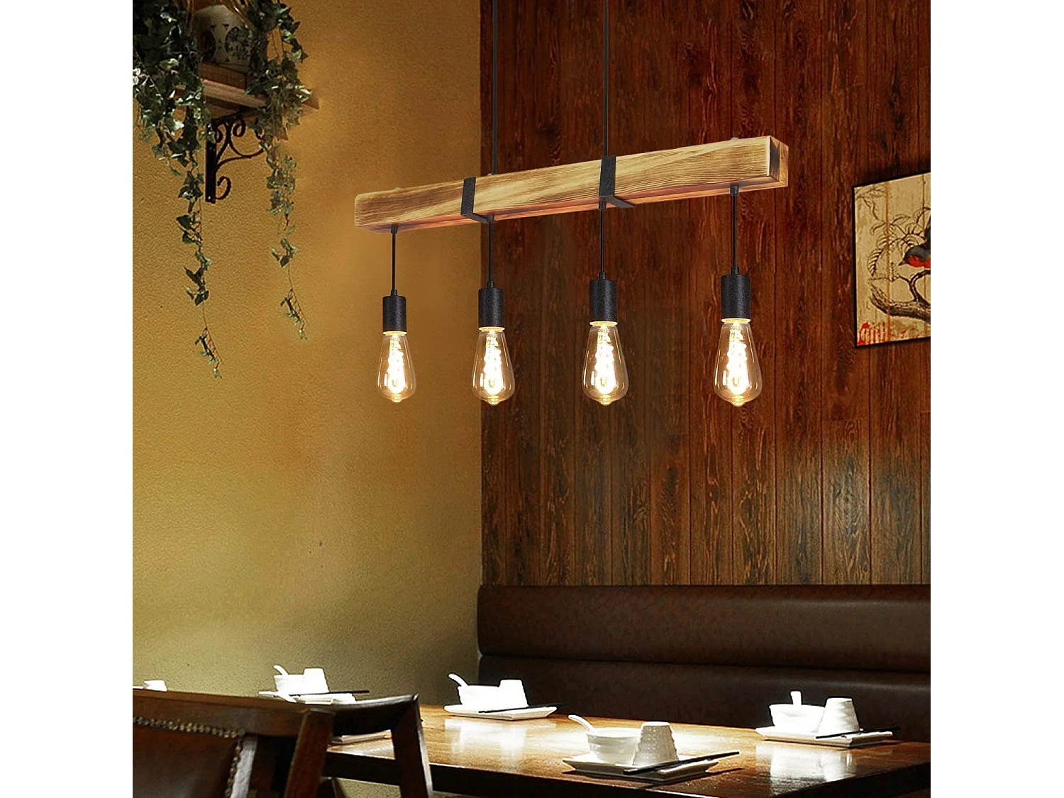 NETTLIFE Suspension 4 ampoules E27 Diam.80cm rétro avec poutre en bois Vintage pour salle à manger cuisine max.25W