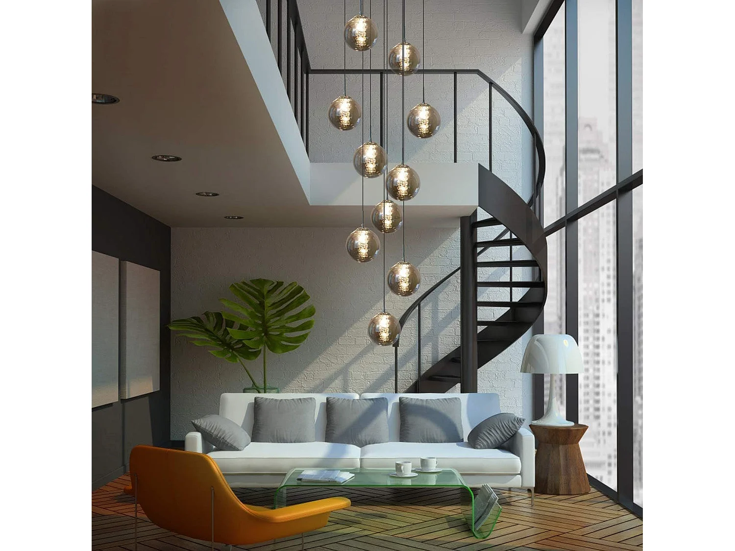 10 Pendelleuchten für Esstische aus hellgrauem Glas