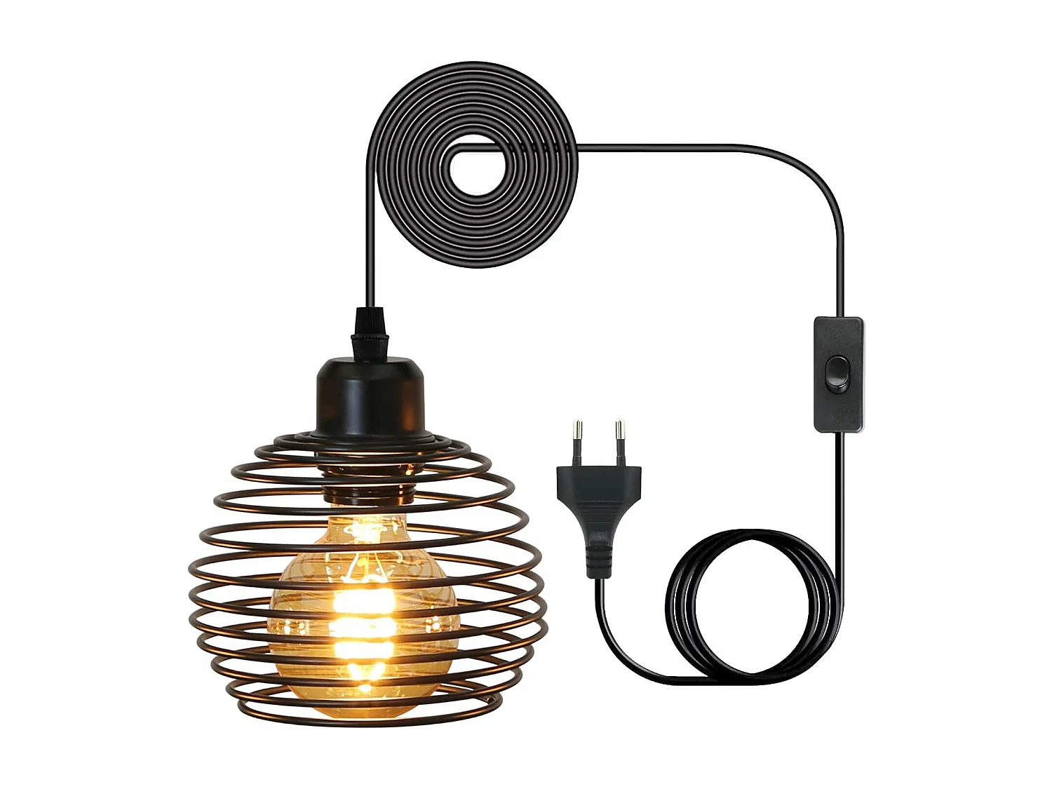 NETTLIFE Pendelleuchte, E27, Schwarz, Durchm. 15 cm, Vintage-Feder-Design, Metall, mit Stecker und Schalter, Retro, für Wohnzimmer, Küche, Max. 40 W